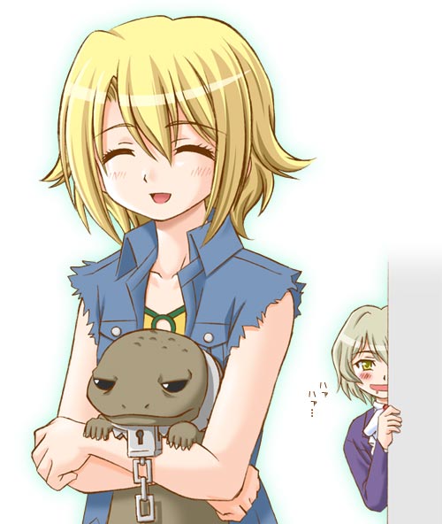 shiumai, ellis, ellis (el cazador de la bruja), l.a., el cazador de la bruja, 00s, 1boy, 1girl, ^ ^, blonde hair, blush, chain, closed eyes, collar, denim, drooling, hetero, hug, lizard, short hair, sleeveless, smile, yellow eyes
