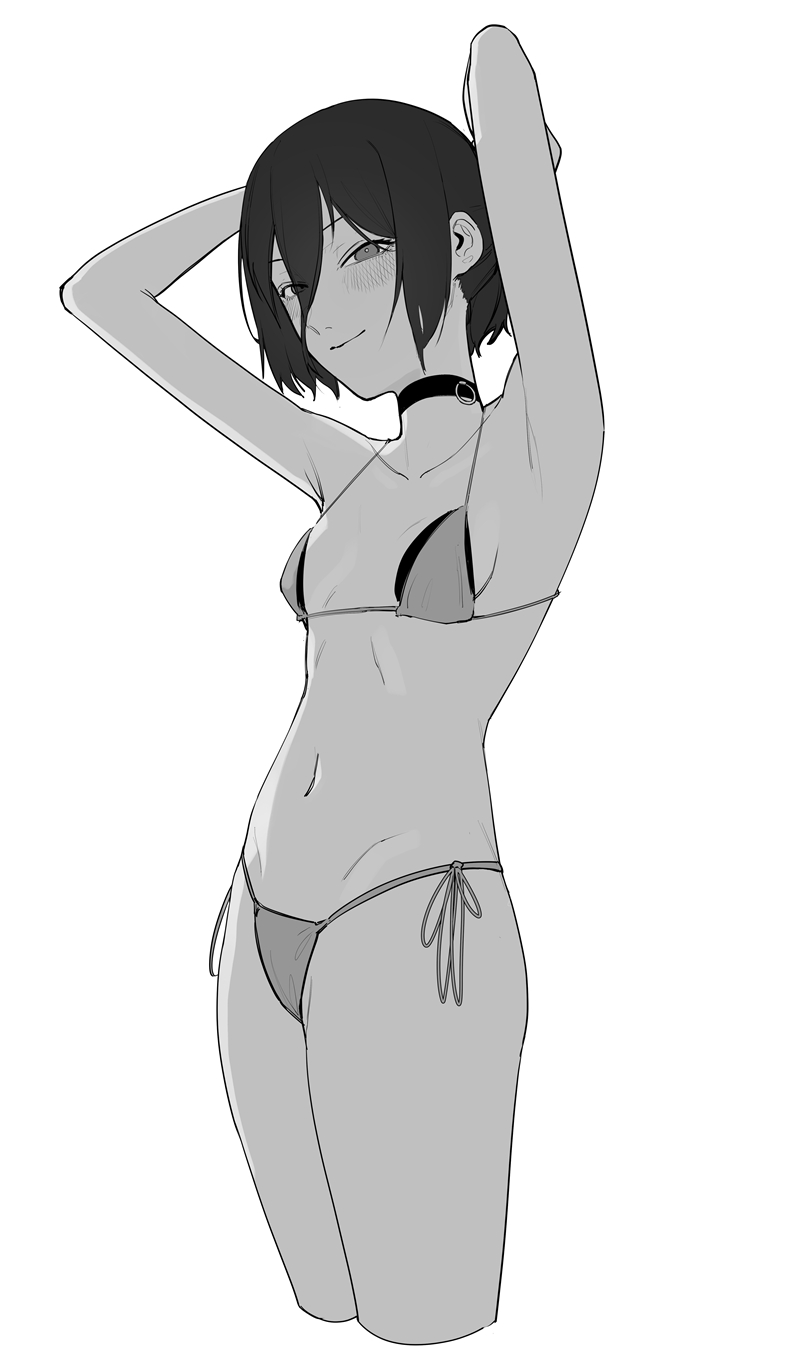 reze (chainsaw man), chainsaw man, commentary request, highres, 1girl, arms up, bikini, breasts, choker, closed mouth, grenade pin, greyscale, hair between eyes, mipy4033, monochrome, navel, side-tie bikini bottom, small breasts, solo, swimsuit