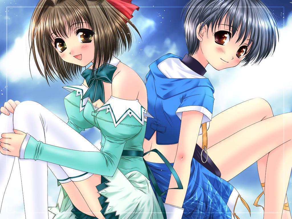 2girls, back-to-back, blush, bow, bowtie, brown eyes, brown hair, dress, multiple girls, short hair, sitting, smile, thighhighs