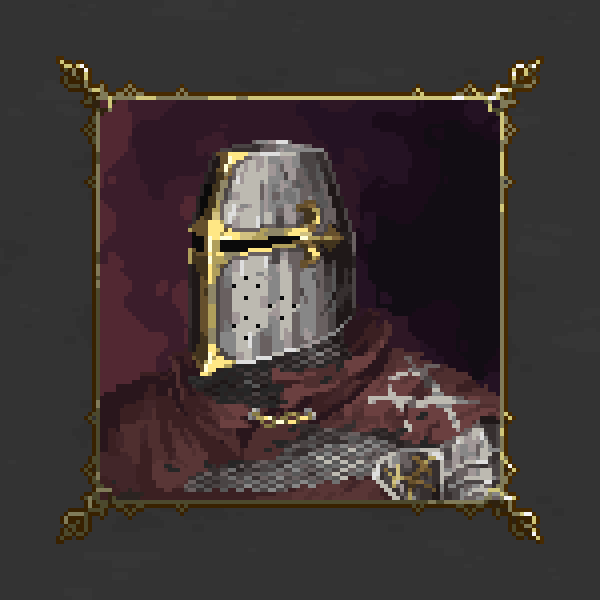 frivolousknight, original, commentary, english commentary, ambiguous gender, armor, border, chainmail, grey background, helm, helmet, inset border, knight, ornate border, pixel art, portrait, red shawl, shawl, torn clothes