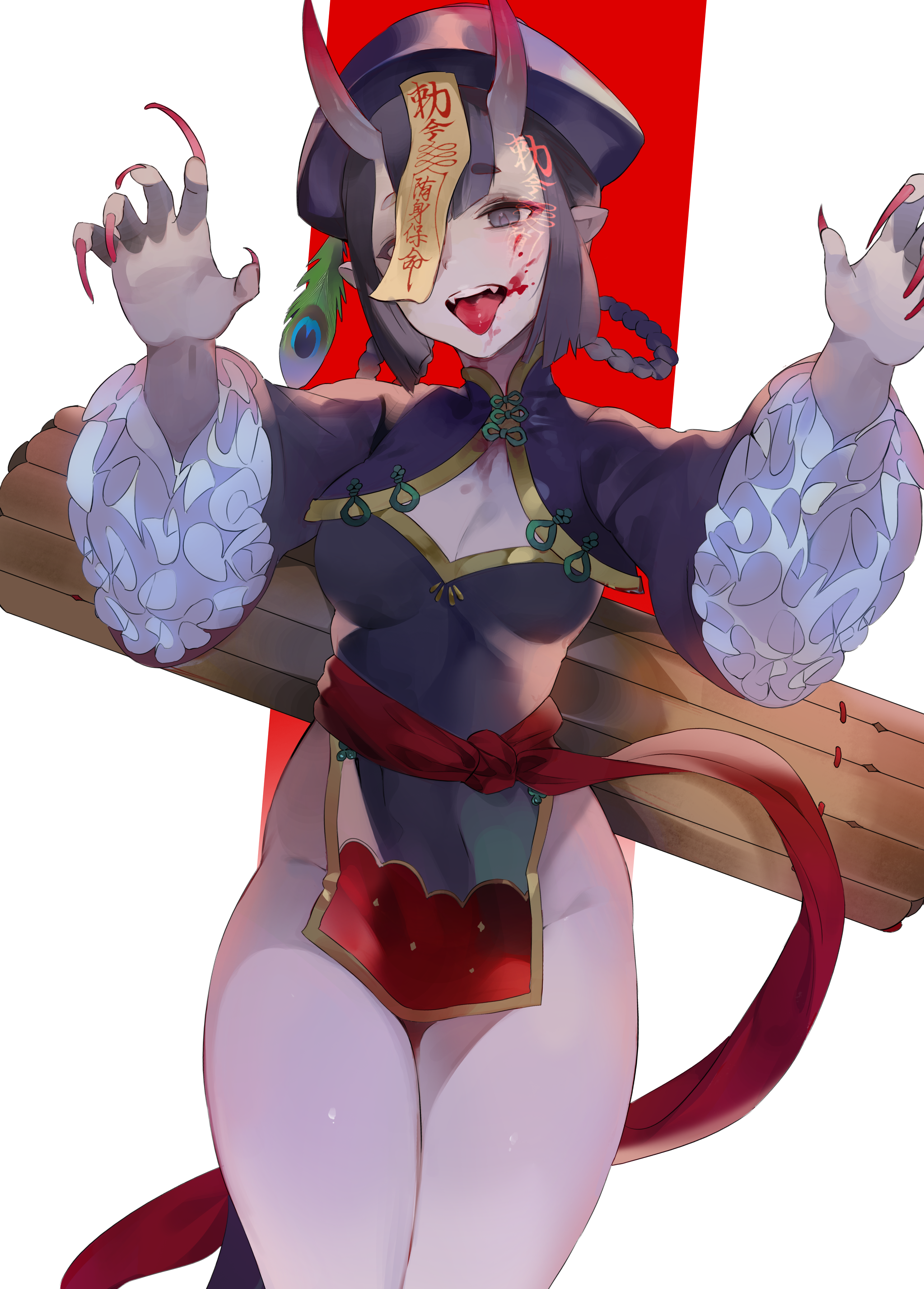uthy, shuten douji (fate), shuten douji (festival outfit) (fate), fate/grand order, fate (series), absurdres, bad id, bad pixiv id, highres, 1girl, blood, blood on face, bob cut, breasts, cleavage, cowboy shot, fangs, fingernails, frilled sleeves, frills, groin, hat, long fingernails, looking at viewer, medium breasts, no panties, oni, open mouth, pelvic curtain, pointy ears, purple eyes, purple hair, solo, thighs, tongue, tongue out, wide sleeves