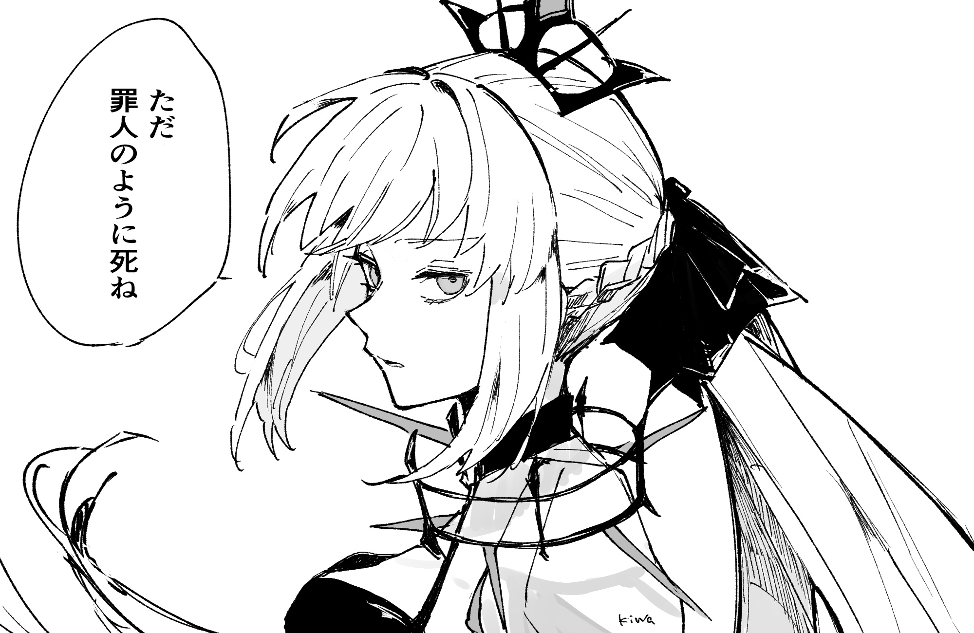 ki wa001, morgan le fay (fate), fate/grand order, fate (series), highres, translation request, 1girl, black bow, black dress, blue eyes, bow, braid, breasts, crown, dress, greyscale, hair bow, half up braid, large breasts, long hair, long sleeves, looking at viewer, monochrome, ponytail, sidelocks, solo, very long hair, white hair