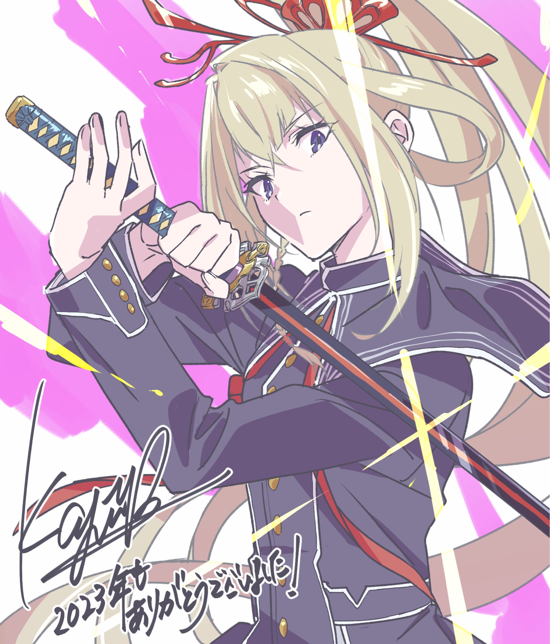dxkaji, masamune (monster strike), monster strike, highres, 1girl, blonde hair, blue eyes, breasts, from side, hair ornament, hair rings, high ponytail, medium breasts, ponytail, ribbon, school uniform, simple background, solo, sword, upper body, weapon
