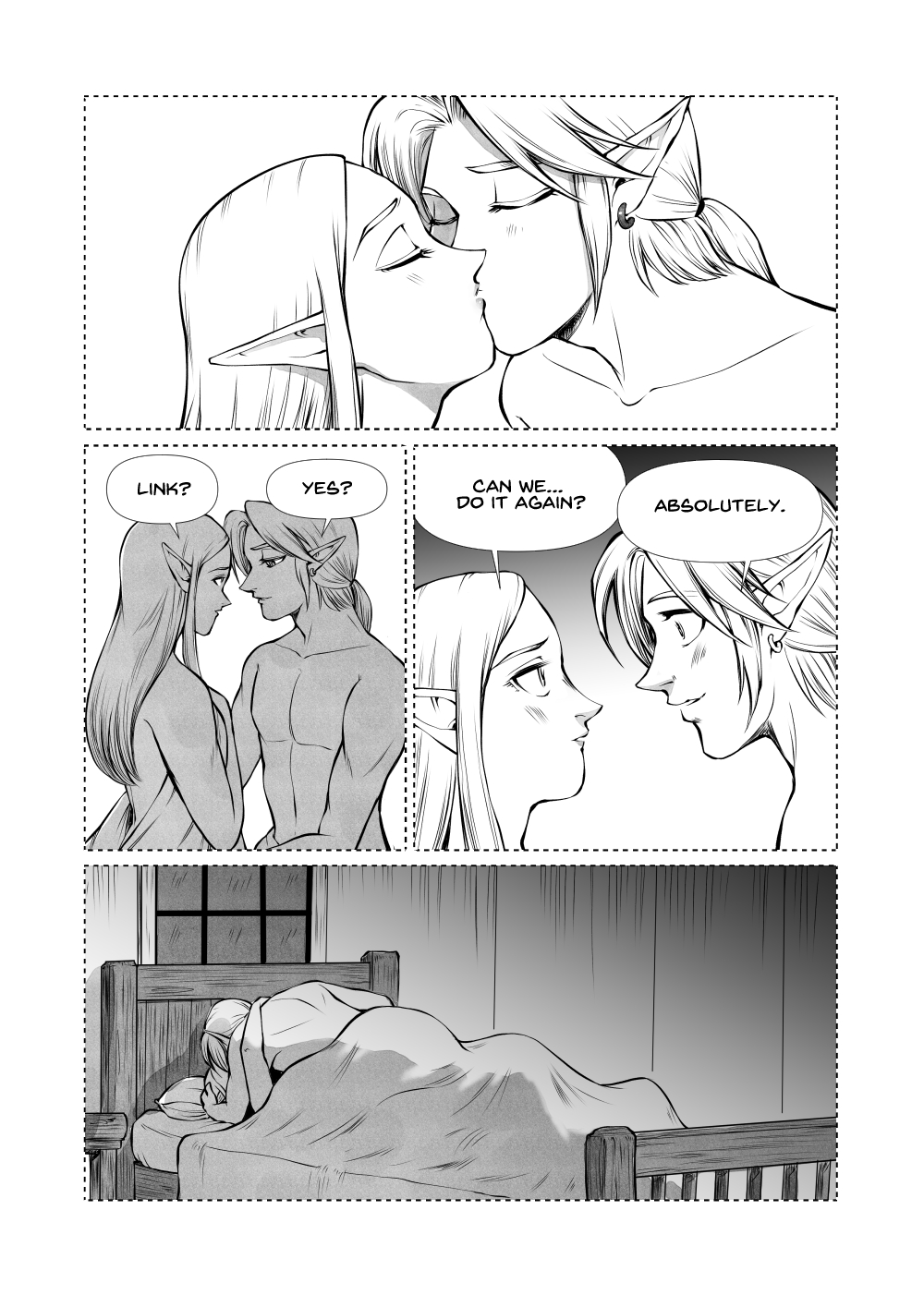 om-nom-berries, link, princess zelda, nintendo, the legend of zelda, the legend of zelda: breath of the wild, highres, 1boy, 1girl, arm around back, blush, border, couple, earrings, english text, greyscale, hetero, implied sex, jewelry, kiss, long hair, low ponytail, medium hair, monochrome, on bed, parted bangs, pointy ears, ponytail, topless male, under covers, white border