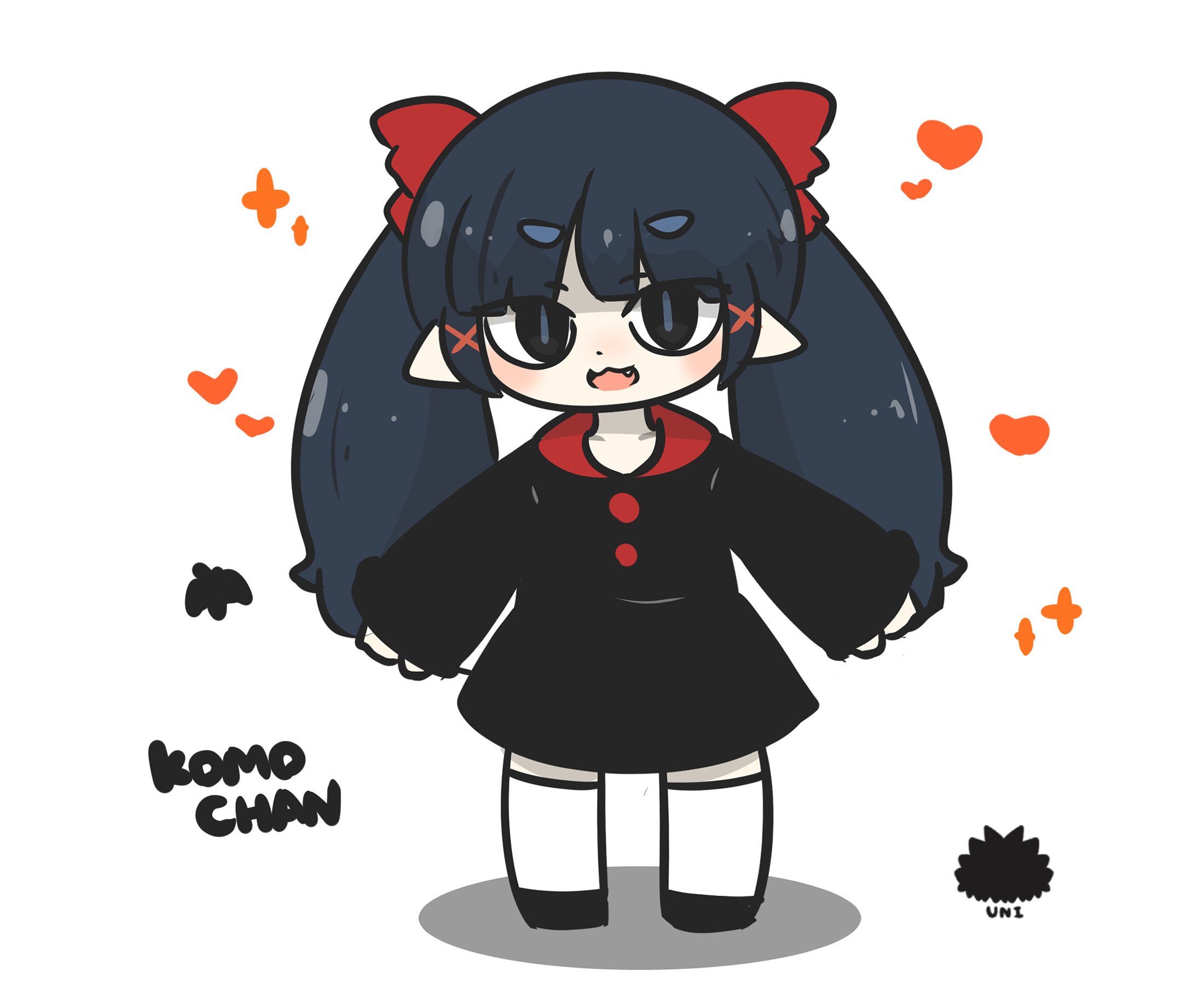 uni souchou, original, commentary request, highres, 1girl, :d, black dress, black hair, black shoes, blue hair, blue pupils, blush, character name, chibi, dress, fang, full body, hair ornament, heart, long hair, long sleeves, looking at viewer, open mouth, pointy ears, sea urchin, shadow, shoes, short eyebrows, sidelocks, sleeves past wrists, slit pupils, smile, solo, standing, thick eyebrows, twintails, very long hair, x hair ornament