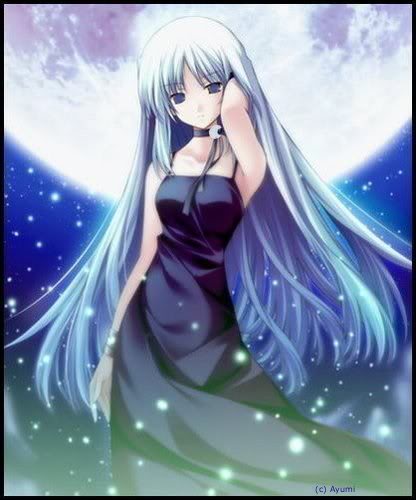 lowres, blue eyes, blue hair, choker, dress, gown, long hair, moon, night