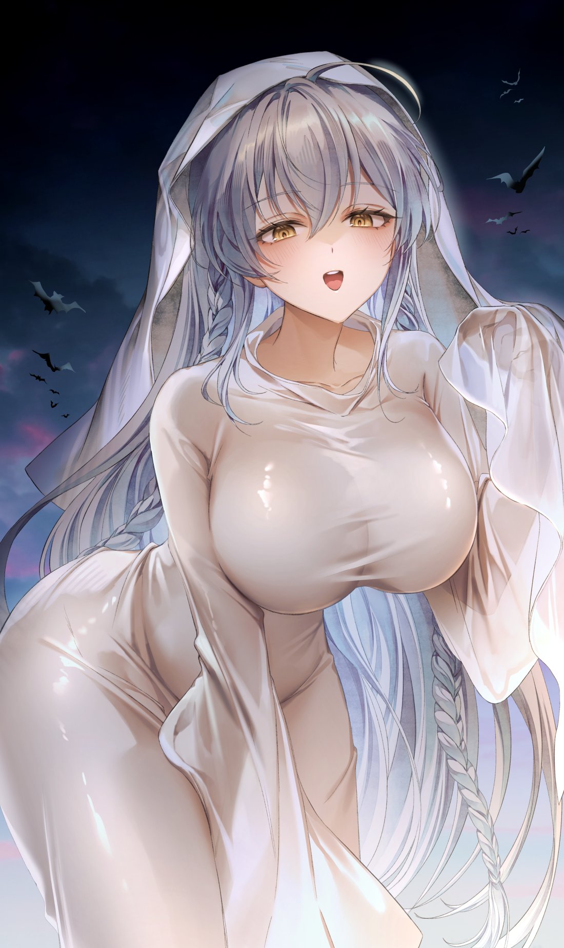 ozzingo, granhildr (brown dust), brown dust (series), brown dust 2, commentary, english commentary, highres, 1girl, ahoge, bat (animal), braid, breasts, cloud, cloudy sky, collarbone, ghost girl (niyeye2019), ghost pose, headpiece, leaning forward, long hair, long sleeves, looking at viewer, night, sky, sleeves past fingers, sleeves past wrists, smile, solo, teeth, tongue, upper teeth only