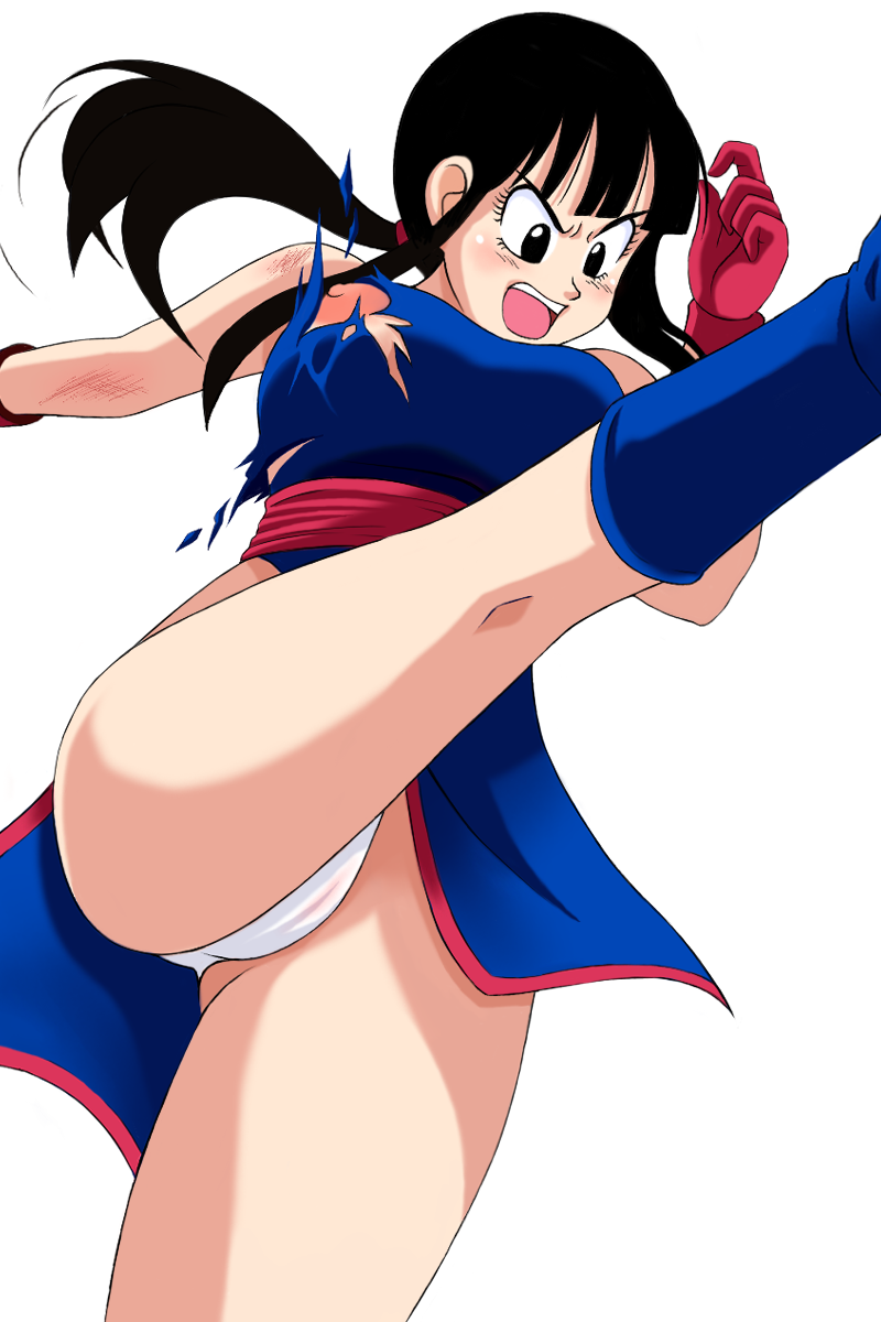 chi-chi (dragon ball), dragon ball, dragonball z, highres, black eyes, black hair, breasts, gloves, injury, kicking, open mouth, panties, scar, scratches, simple background, torn clothes, underwear
