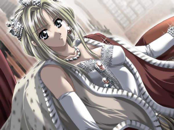tagme, blonde hair, capelet, crown, earrings, elbow gloves, ermine mantle, gloves, jewelry, long hair
