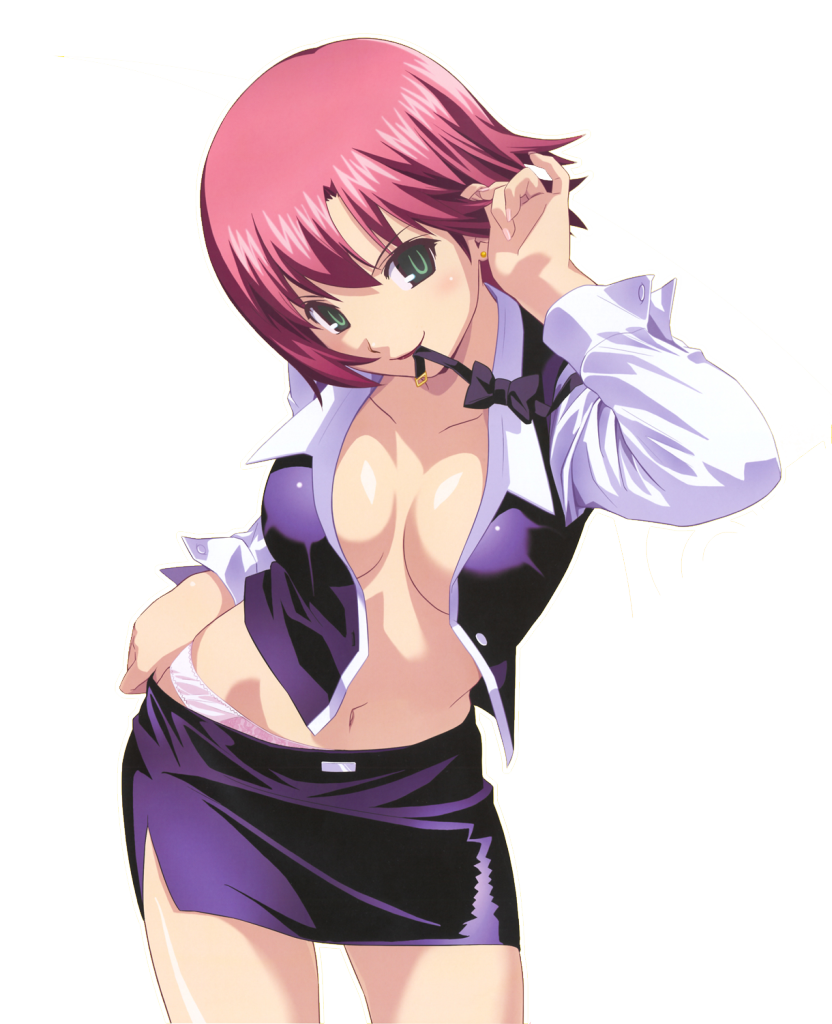 rio rollins, super blackjack, blush, breasts, cleavage, green eyes, hand on own hip, hip focus, mouth hold, navel, pink hair, short hair, smile