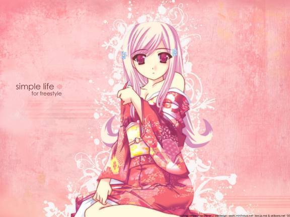 breasts, cleavage, hair ornament, hairpin, japanese clothes, kimono, kneeling, long hair, pink hair, red eyes