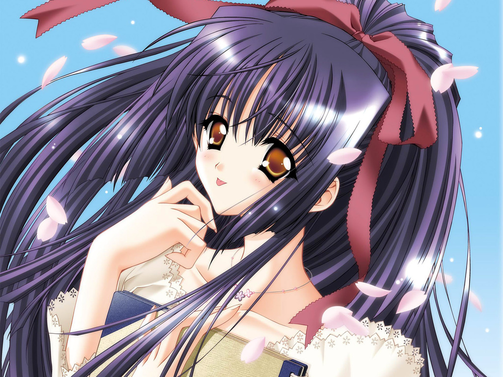 blush, book, bow, frills, hair bow, jewelry, licking, long hair, necklace, purple hair, tongue, yellow eyes