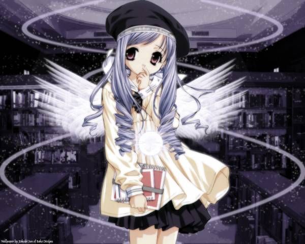tagme, angel, beret, blue hair, book, brown eyes, curly hair, drill hair, hat, long hair, wings
