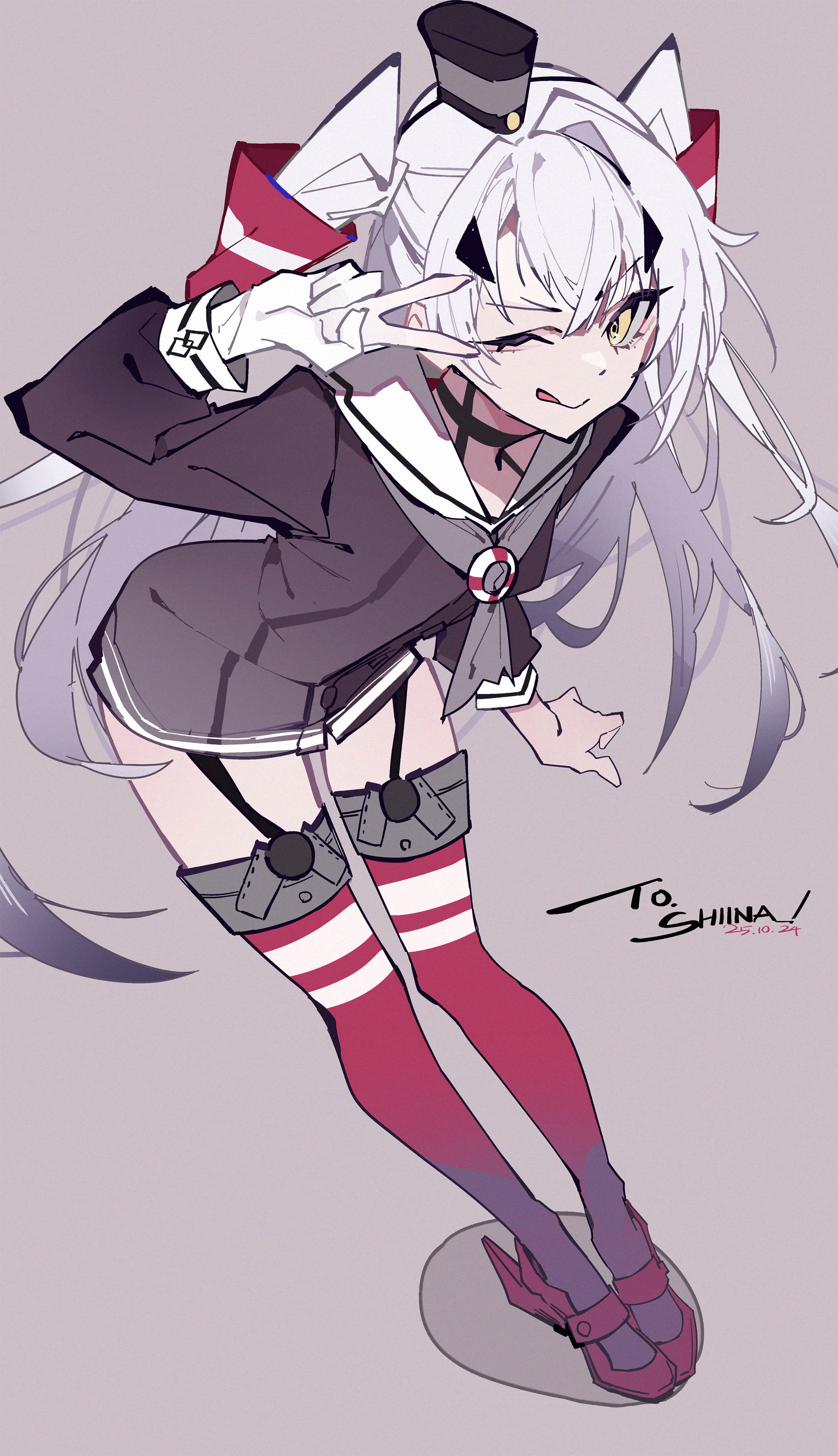 priest77, amatsukaze (kancolle), melusine (fate), fate/grand order, fate (series), kantai collection, absurdres, highres, 1girl, amatsukaze (kancolle) (cosplay), breasts, brown shirt, cosplay, full body, garter belt, gift art, grey background, grey neckerchief, hair between eyes, long hair, neckerchief, one eye closed, red thighhighs, sailor collar, shirt, simple background, small breasts, solo, thighhighs, thighs, twintails, v, v over eye, white hair, white sailor collar, yellow eyes