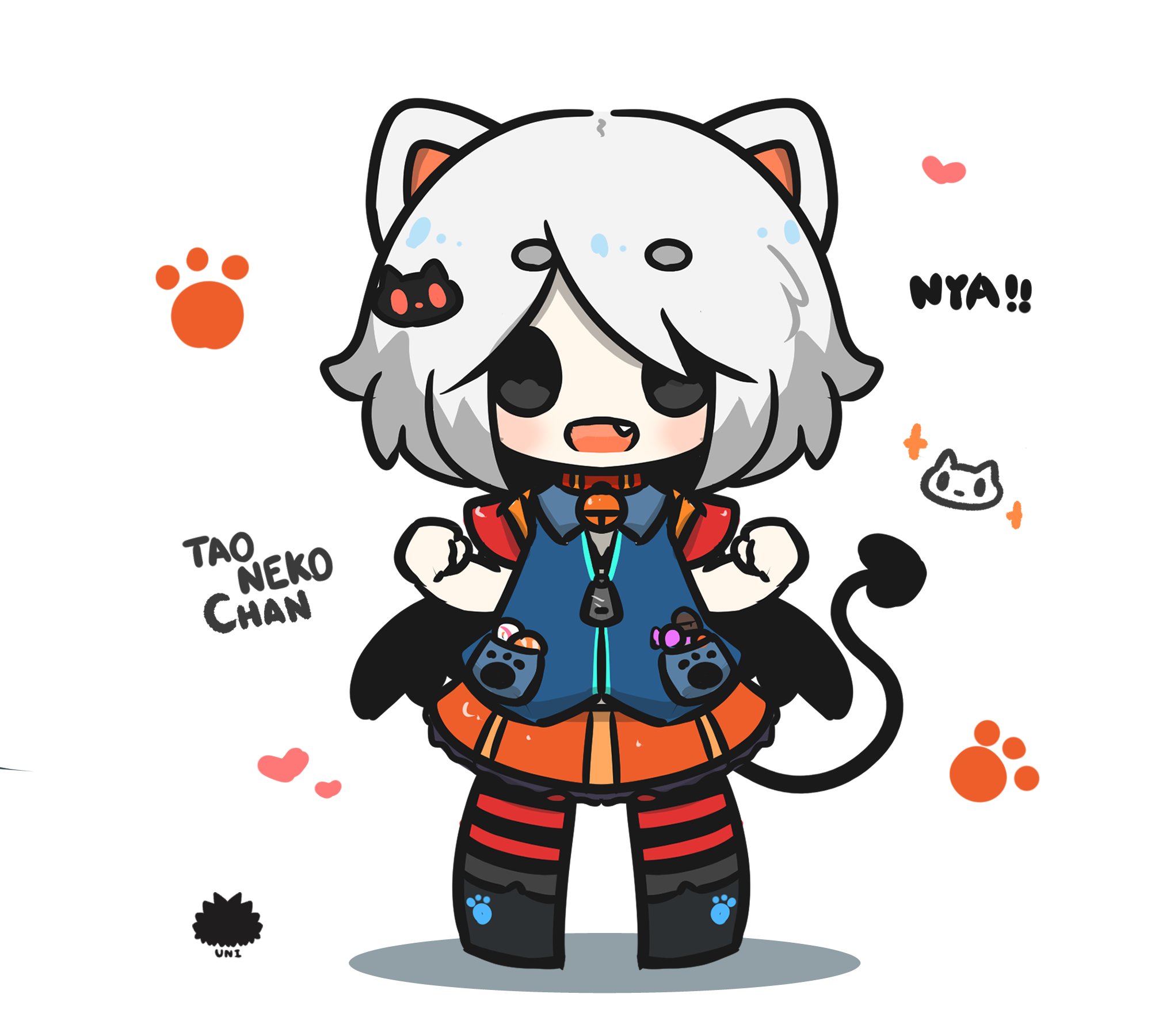 uni souchou, original, commentary request, highres, 1girl, :d, animal ears, bell, black boots, black wings, blue vest, boots, cat ears, cat hair ornament, character name, chibi, clenched hands, collar, demon girl, demon tail, demon wings, fang, fold-over boots, full body, grey eyes, grey hair, hair ornament, hands up, heart, jingle bell, looking at viewer, low wings, neck bell, open mouth, orange skirt, pantyhose, red collar, red shirt, romaji text, sea urchin, shadow, shirt, short eyebrows, short sleeves, skirt, smile, solo, sparkle, standing, striped clothes, striped pantyhose, tail, thick eyebrows, vest, wings