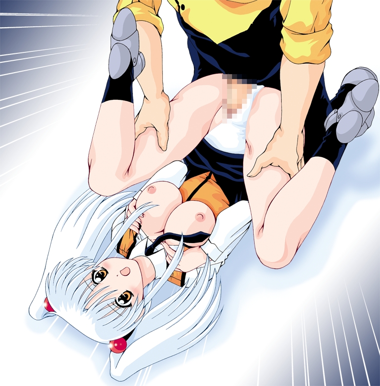 hoshino ruri, tenkawa akito, kidou senkan nadesico, tagme, 1boy, 1girl, breasts, censored, clothing aside, medium breasts, orange eyes, panties, panties aside, sex, twintails, underwear, vaginal, white hair