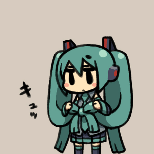 chan co, hatsune miku, megurine luka, vocaloid, beige background, 1girl, aqua eyes, aqua hair, aqua necktie, black eyes, blouse, blue hair, blush stickers, boots, bow, bow-shaped hair, chibi, collared shirt, detached sleeves, female focus, full body, grey background, grey shirt, hair ornament, headphones, long hair, necktie, pleated skirt, shirt, simple background, skirt, solo, thigh boots, thighhighs, twintails, very long hair, zettai ryouiki
