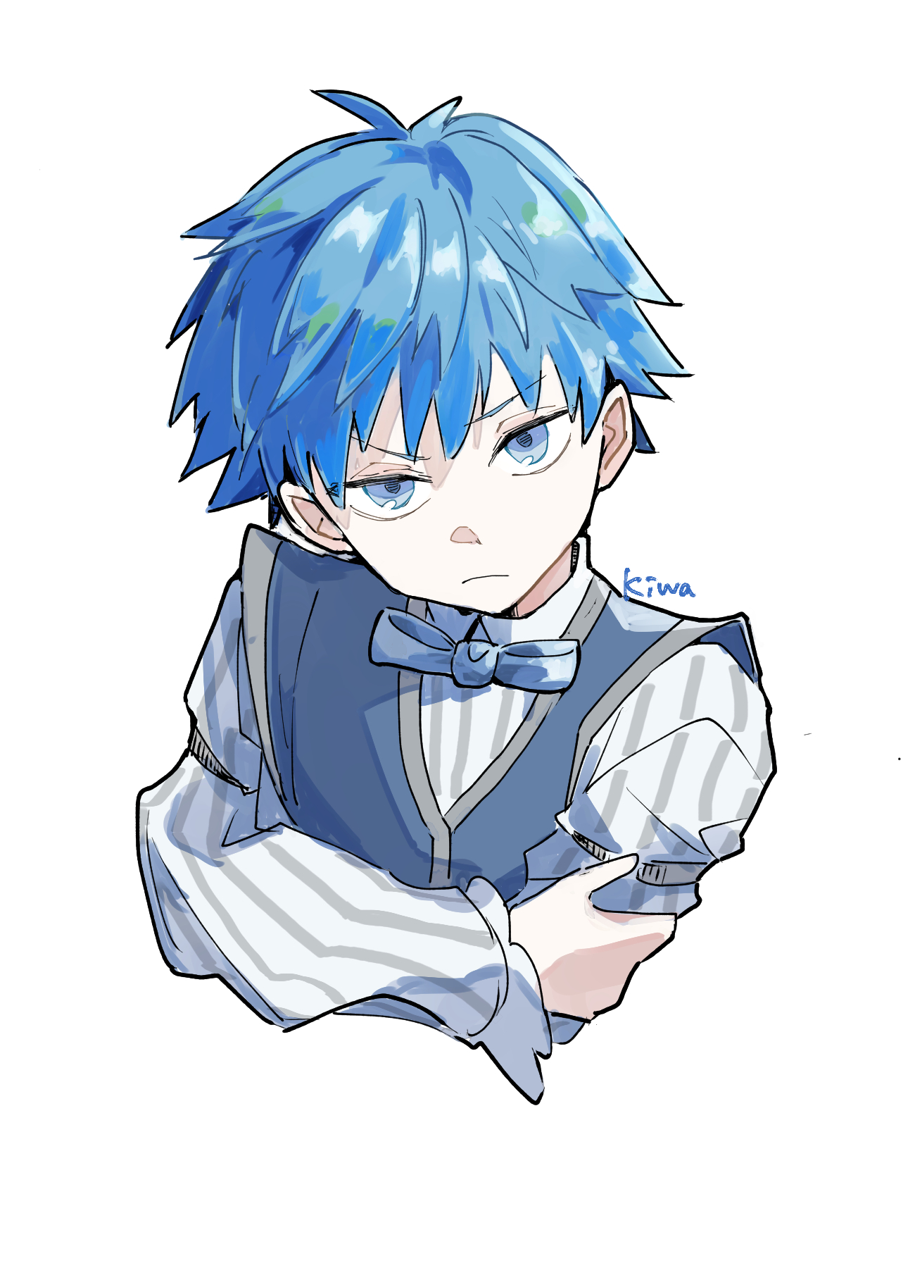 ki wa001, hans christian andersen (fate), fate/extra, fate/extra ccc, fate/grand order, fate (series), highres, 1boy, blue eyes, blue hair, blue vest, bow, bowtie, collared shirt, holding own arm, long sleeves, looking at viewer, shirt, short hair, simple background, striped clothes, striped shirt, upper body, vest, white background