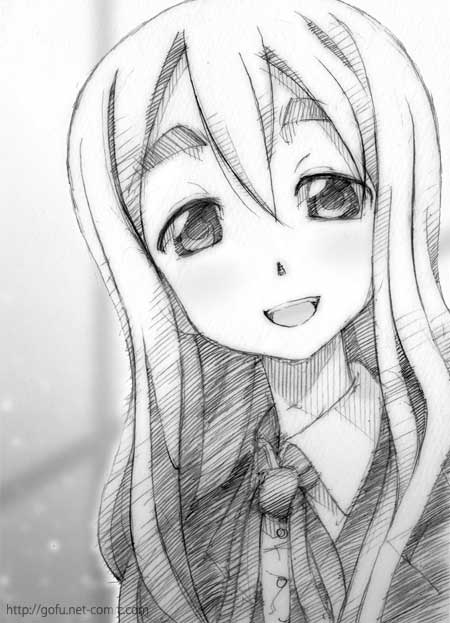 gofu, kotobuki tsumugi, k-on!, eyebrows, traditional media, 00s, 1girl, female focus, greyscale, monochrome, school uniform, sketch, solo