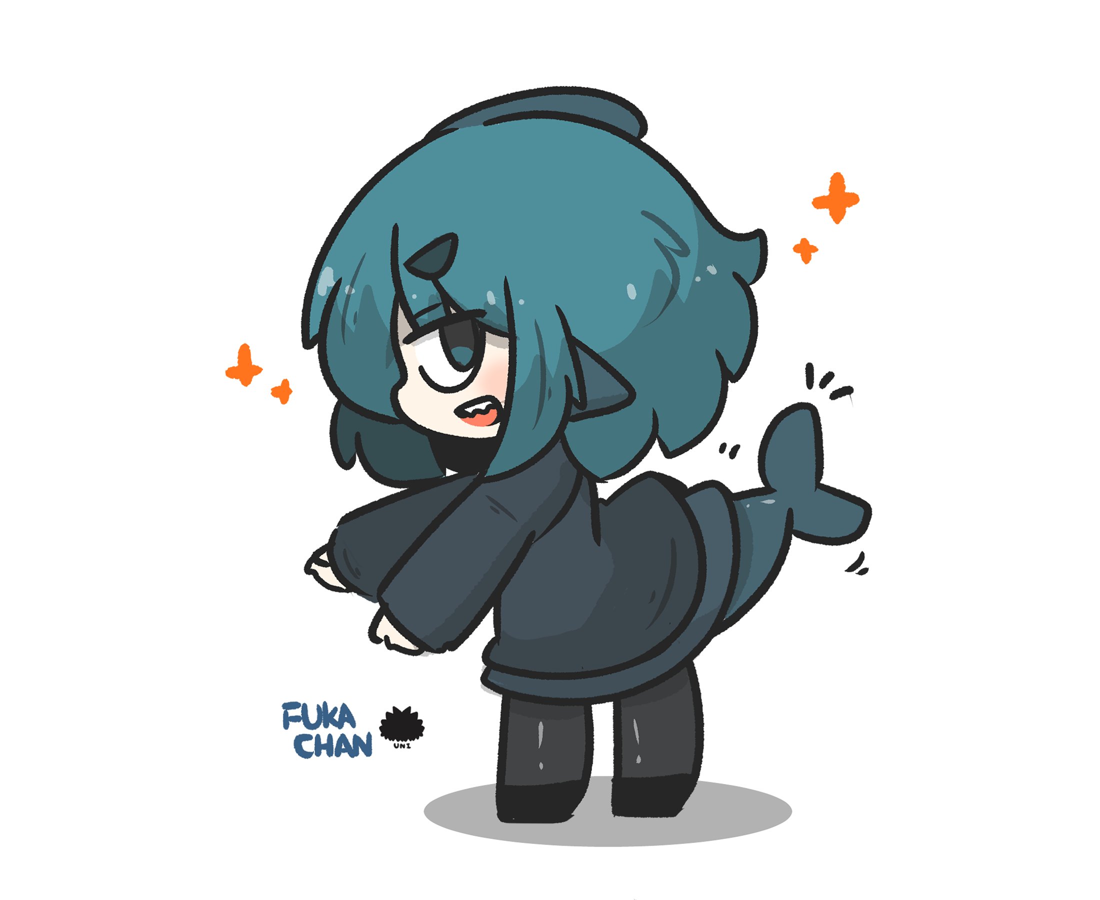 uni souchou, fuka-chan, original, commentary, english commentary, highres, 1girl, :d, black hoodie, black shoes, blue eyes, blue hair, character name, chibi, fins, fish tail, full body, grey pantyhose, grey skirt, hood, hoodie, long sleeves, notice lines, open mouth, pantyhose, sea urchin, shadow, shark tail, sharp teeth, shoes, short eyebrows, simple background, skirt, sleeves past wrists, smile, solo, sparkle, standing, tail, teeth, thick eyebrows, white background