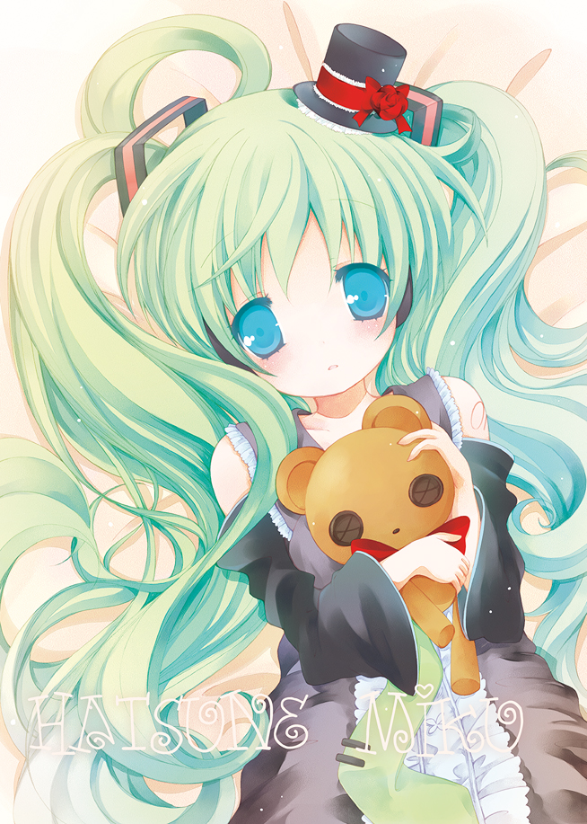 catbell, hatsune miku, vocaloid, 1girl, aqua hair, blue eyes, character name, detached sleeves, female focus, frills, hat, long hair, looking at viewer, mini hat, mini top hat, necktie, solo, stuffed animal, stuffed toy, teddy bear, top hat, twintails
