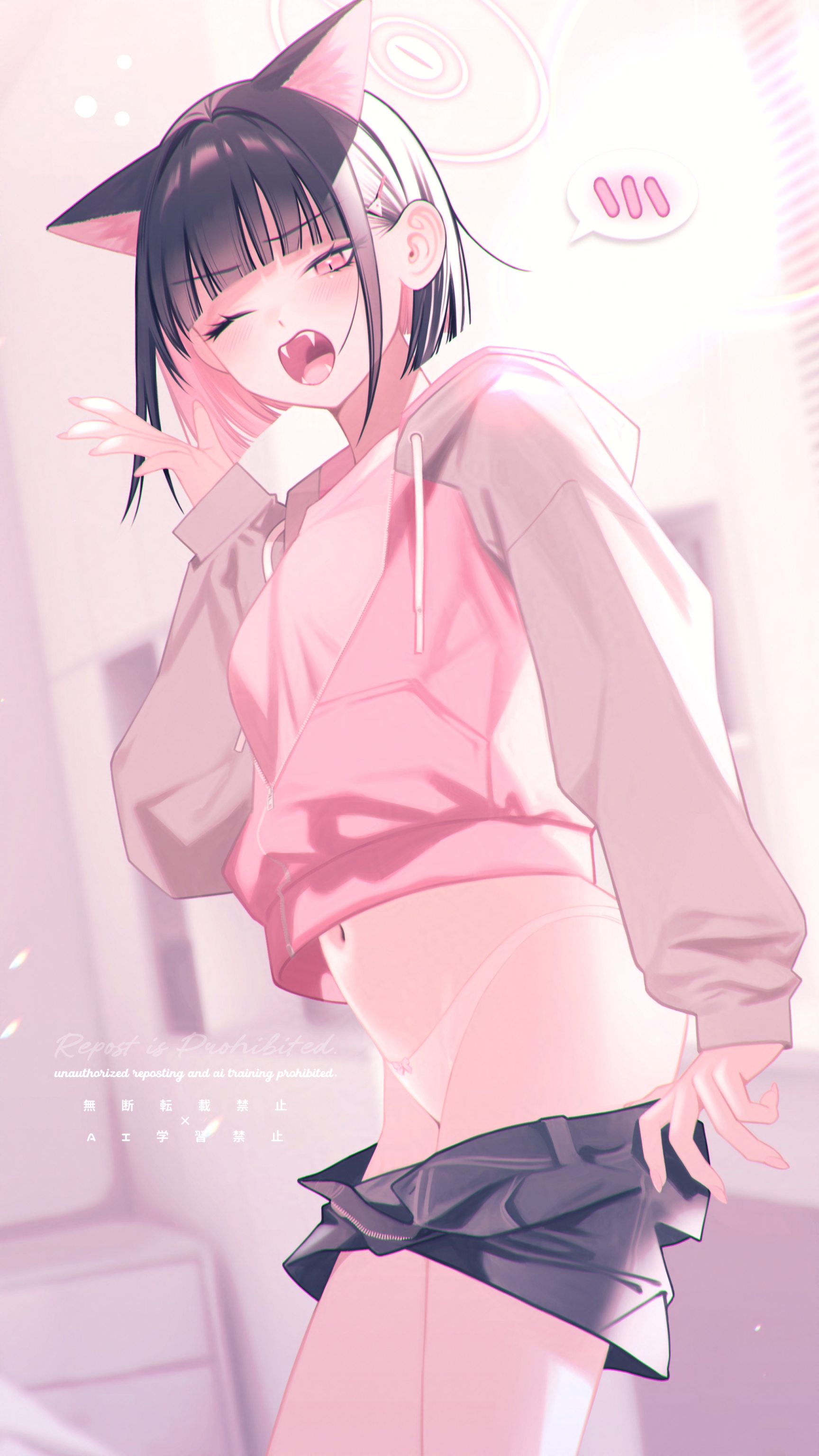 nagata shuu, kazusa (blue archive), blue archive, absurdres, highres, 1girl, animal ears, artist name, black hair, black shorts, blush, bow, bow panties, breasts, cat ears, colored inner hair, extra ears, fangs, fingernails, hair behind ear, hair ornament, hairclip, halo, hood, hoodie, indoors, long sleeves, looking at viewer, medium hair, multicolored hair, nail polish, navel, one eye closed, open mouth, panties, pink eyes, pink hair, pink halo, pink hoodie, pink nails, pink panties, shorts, solo, spoken blush, stomach, thighs, two-tone hair, underwear