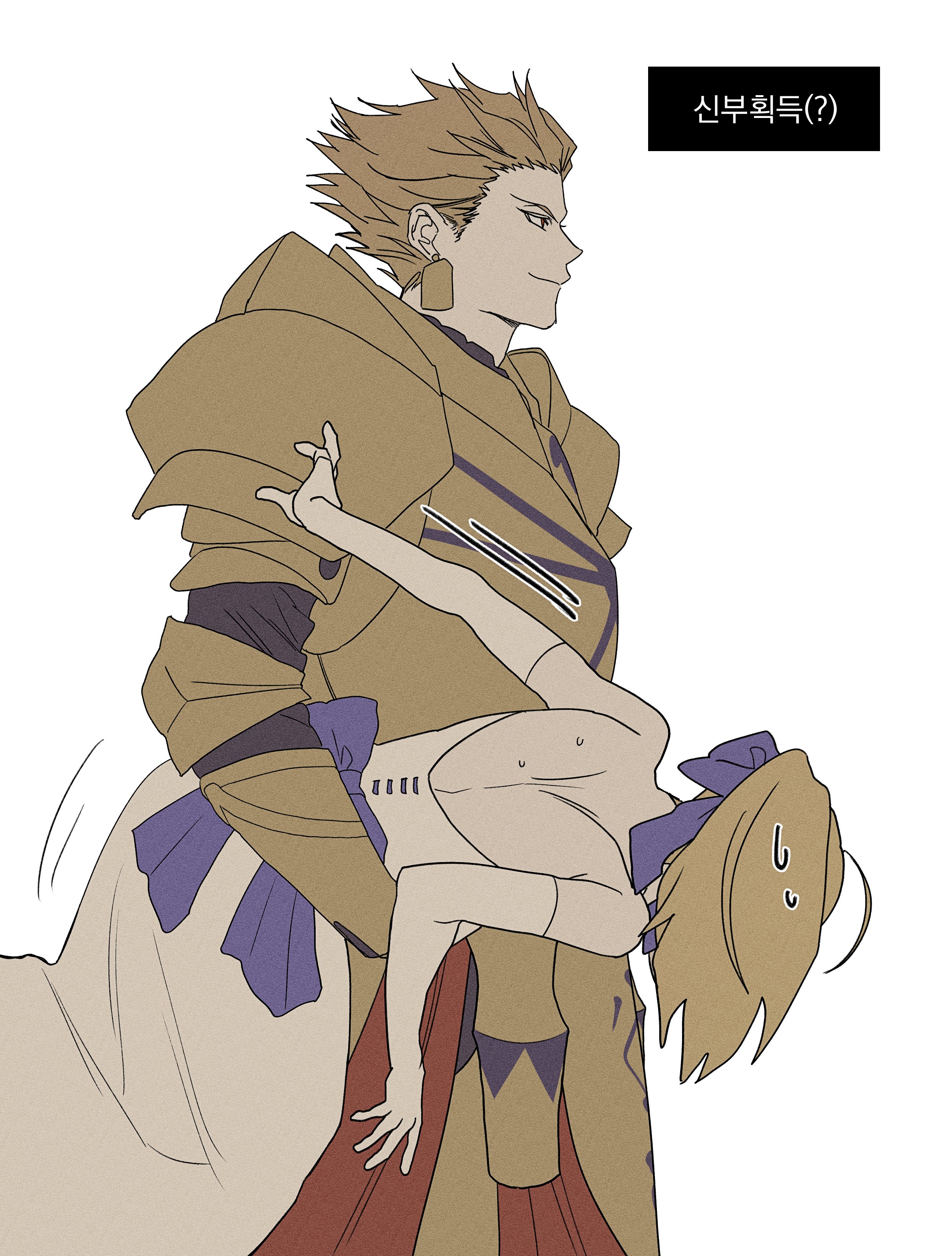 0304rong0304, artoria pendragon (fate), gilgamesh (fate), saber (fate), fate/stay night, fate/unlimited blade works, fate (series), absurdres, commentary request, highres, korean commentary, translation request, 1boy, 1girl, armor, backless dress, backless outfit, blonde hair, blue bow, bow, carrying, carrying person, carrying under arm, dress, earrings, elbow gloves, gloves, gold armor, hair ribbon, jewelry, korean text, official alternate costume, ponytail, ribbon, smile, strapless, strapless dress, sweat, white dress, white gloves