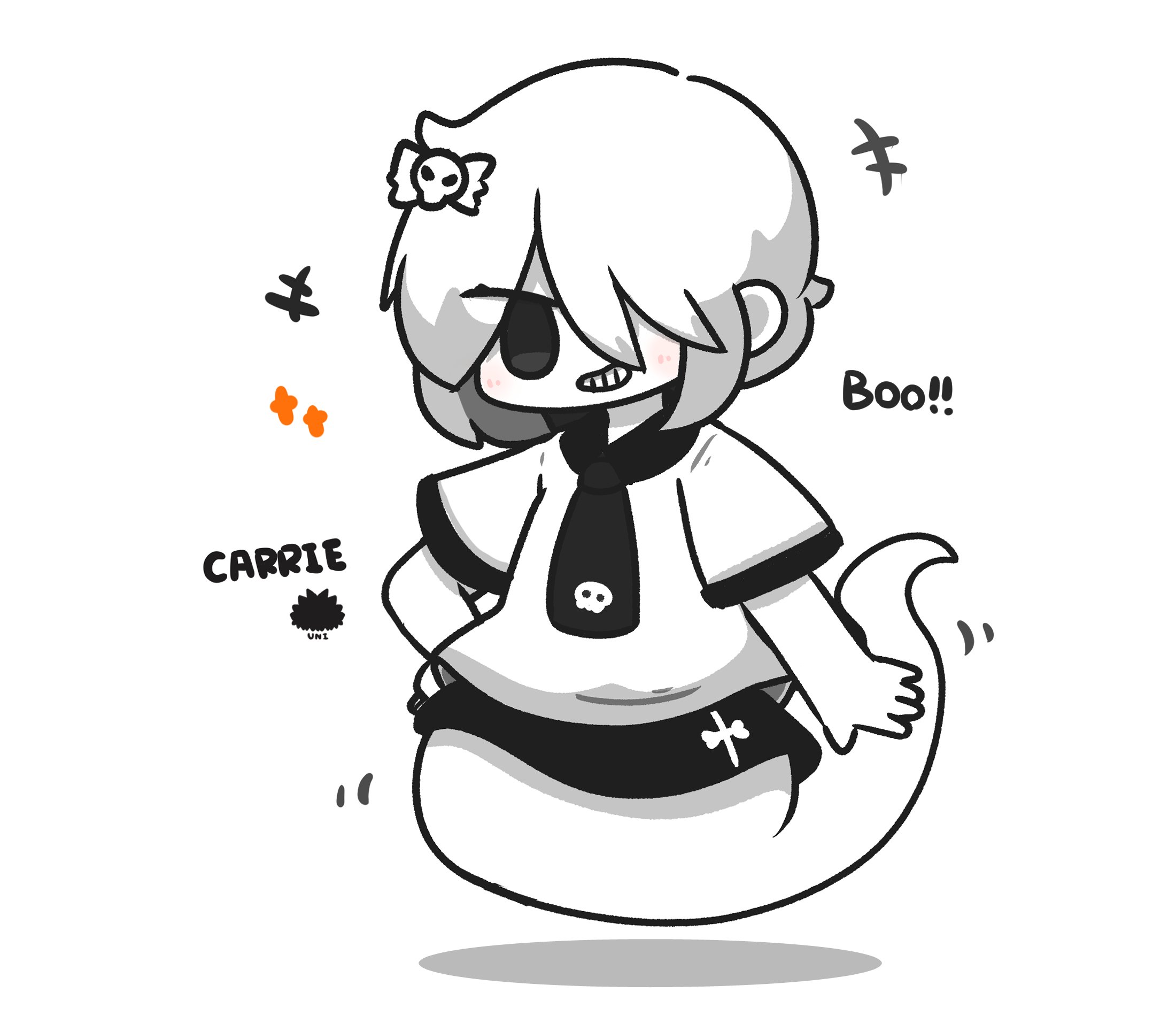 uni souchou, carrie krueger, the amazing world of gumball, commentary request, highres, +++, 1girl, black skirt, bow, character name, chibi, collared shirt, full body, ghost tail, grey eyes, grin, hair bow, hair ornament, hair over one eye, hand on own hip, looking at viewer, pale skin, sea urchin, shadow, shirt, short sleeves, simple background, skirt, skull hair ornament, smile, solo, sparkle, white background, white hair, white shirt
