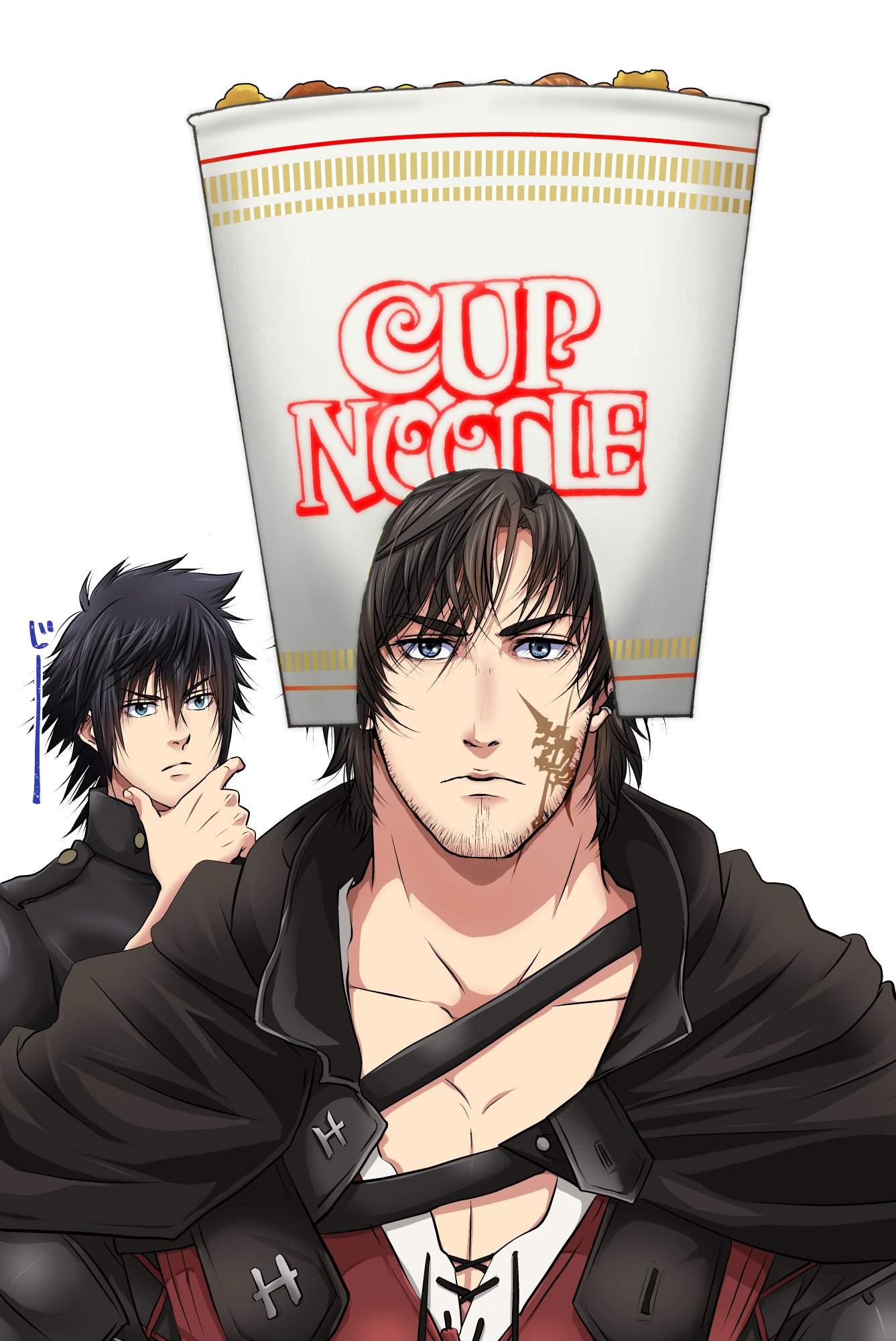 k516oshitemairu, clive rosfield, noctis lucis caelum, final fantasy, final fantasy xv, final fantasy xvi, highres, 2boys, armor, beard stubble, black cloak, black hair, black jacket, blue eyes, cloak, closed mouth, collarbone, cup ramen, facial hair, facial mark, hair between eyes, hand on own chin, jacket, looking at another, looking at viewer, male focus, multiple boys, pectorals, red vest, short hair, shoulder armor, stubble, vest, white background