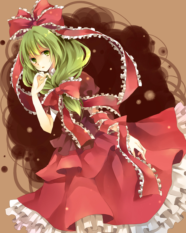 karu, yuzuki karu, kagiyama hina, touhou, bad id, bad pixiv id, 1girl, dress, female focus, front ponytail, green eyes, green hair, matching hair/eyes, ribbon, solo