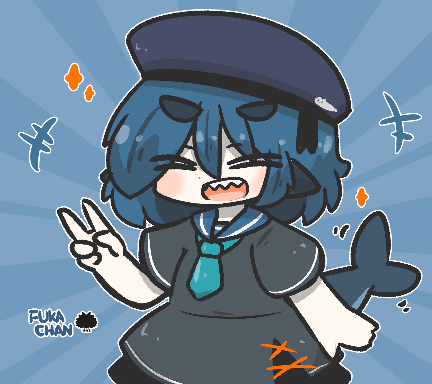 uni souchou, fuka-chan, original, commentary, highres, symbol-only commentary, > <, +++, 1girl, :d, beret, black skirt, blue background, blue sailor collar, blush, character name, chibi, closed eyes, dress, facing viewer, fins, fish tail, grey dress, grey hat, hand up, hat, motion lines, open mouth, sailor collar, sailor dress, sea urchin, shark tail, sharp teeth, short sleeves, skirt, smile, solo, sparkle, tail, teeth, v, xd