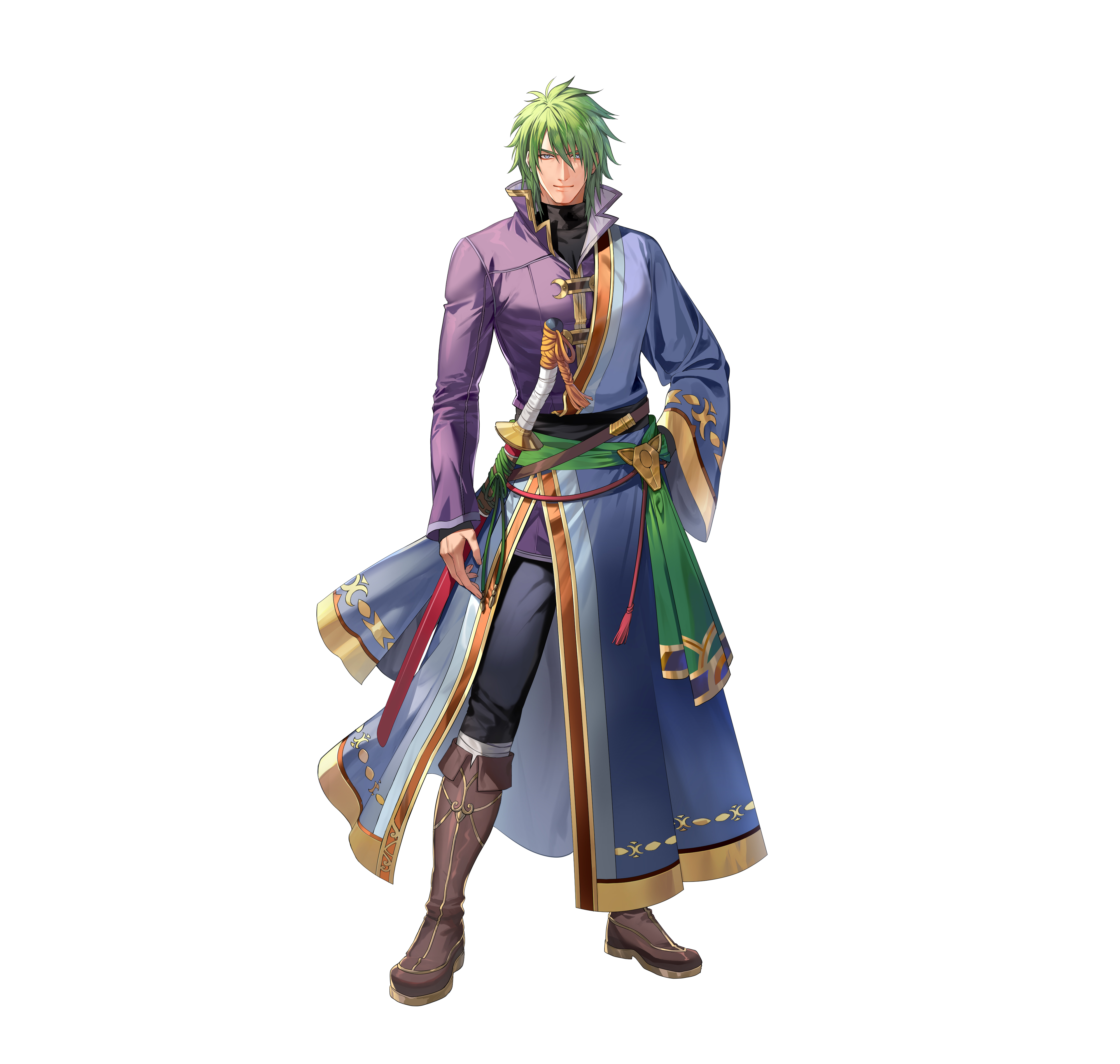 rilmok, stefan (fire emblem), fire emblem, fire emblem: path of radiance, fire emblem heroes, nintendo, absurdres, commentary, english commentary, highres, official art, second-party source, 1boy, arm out of sleeve, boots, closed mouth, full body, green hair, looking at viewer, male focus, sheath, sheathed, simple background, solo, standing, sword, weapon, white background