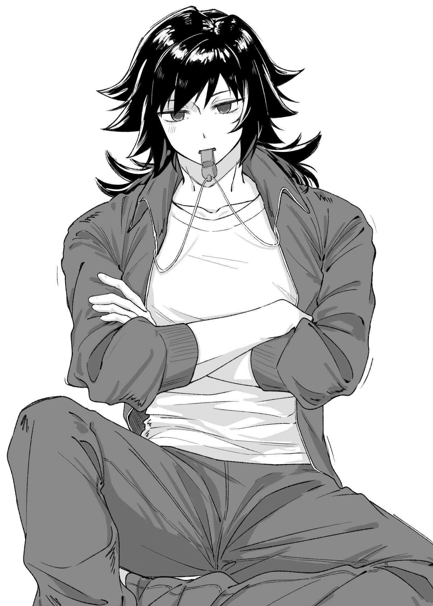 tomioka giyuu, kimetsu no yaiba, highres, 1boy, alternate costume, collarbone, crossed arms, empty eyes, greyscale, jacket, looking at viewer, low ponytail, male focus, monochrome, mouth hold, nem yamm, open clothes, open jacket, pants, ponytail, shirt, simple background, sitting, solo, spiked hair, whistle, white background