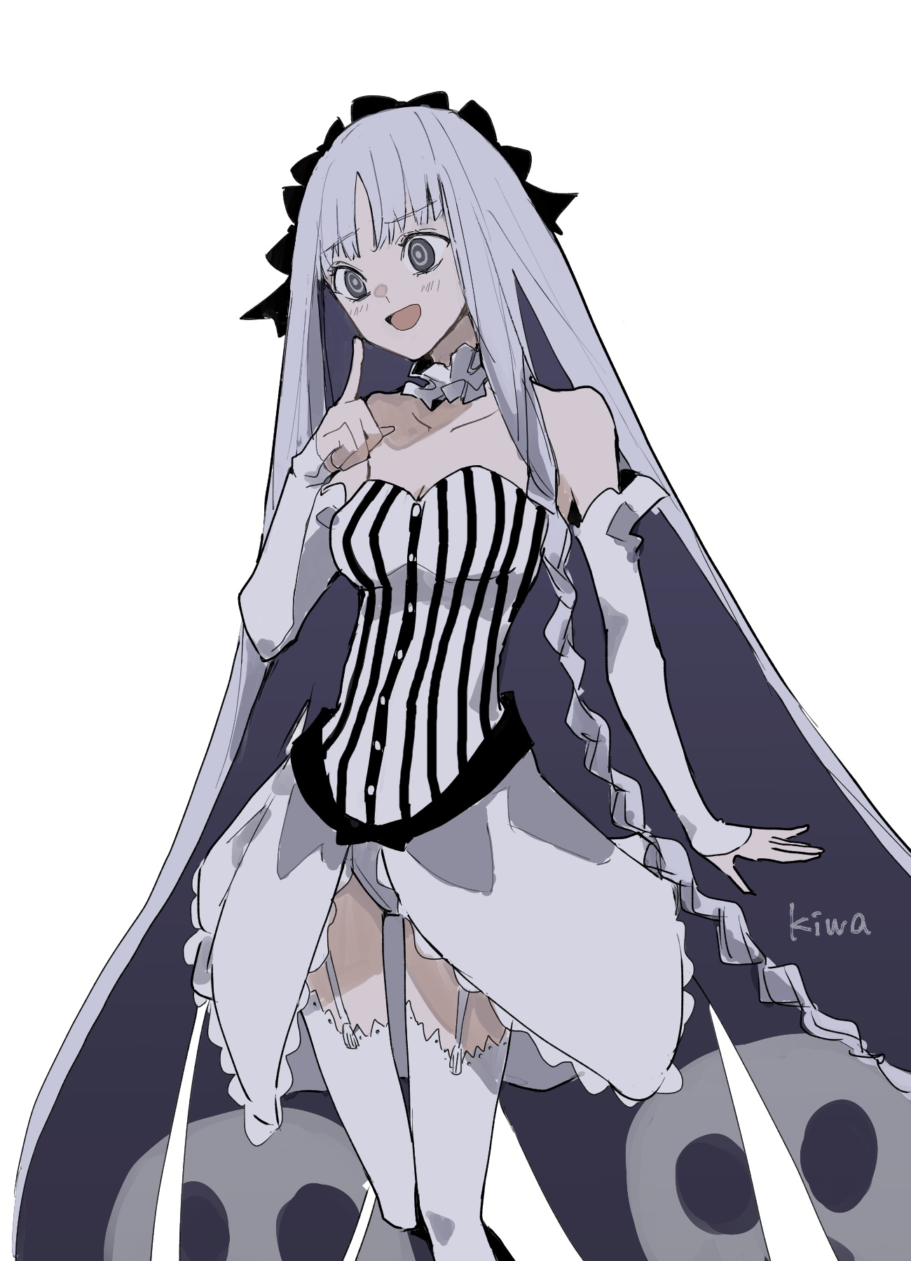 ki wa001, francesca prelati (fate), fate/strange fake, fate (series), highres, 1girl, bare shoulders, black bow, black hair, blush, bow, braid, braided bangs, breasts, colored inner hair, detached sleeves, dress, hair bow, long hair, medium breasts, multicolored hair, open mouth, ringed eyes, simple background, single braid, skull print, smile, solo, striped clothes, striped dress, thighhighs, very long hair, white background, white dress, white hair