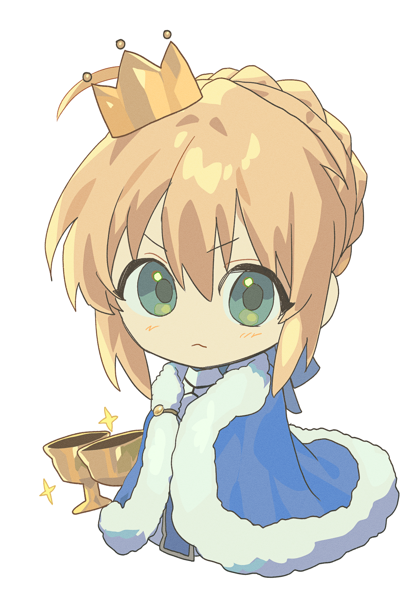 0304rong0304, artoria pendragon (fate), saber (fate), fate/stay night, fate (series), commentary request, highres, korean commentary, 1girl, :<, ahoge, blonde hair, blue cape, braid, cape, chalice, chibi, crown, cup, dress, frown, fur-trimmed cape, fur trim, green eyes, holy grail (fate), long dress, mini crown, solo, sparkle, tilted headwear, v-shaped eyebrows