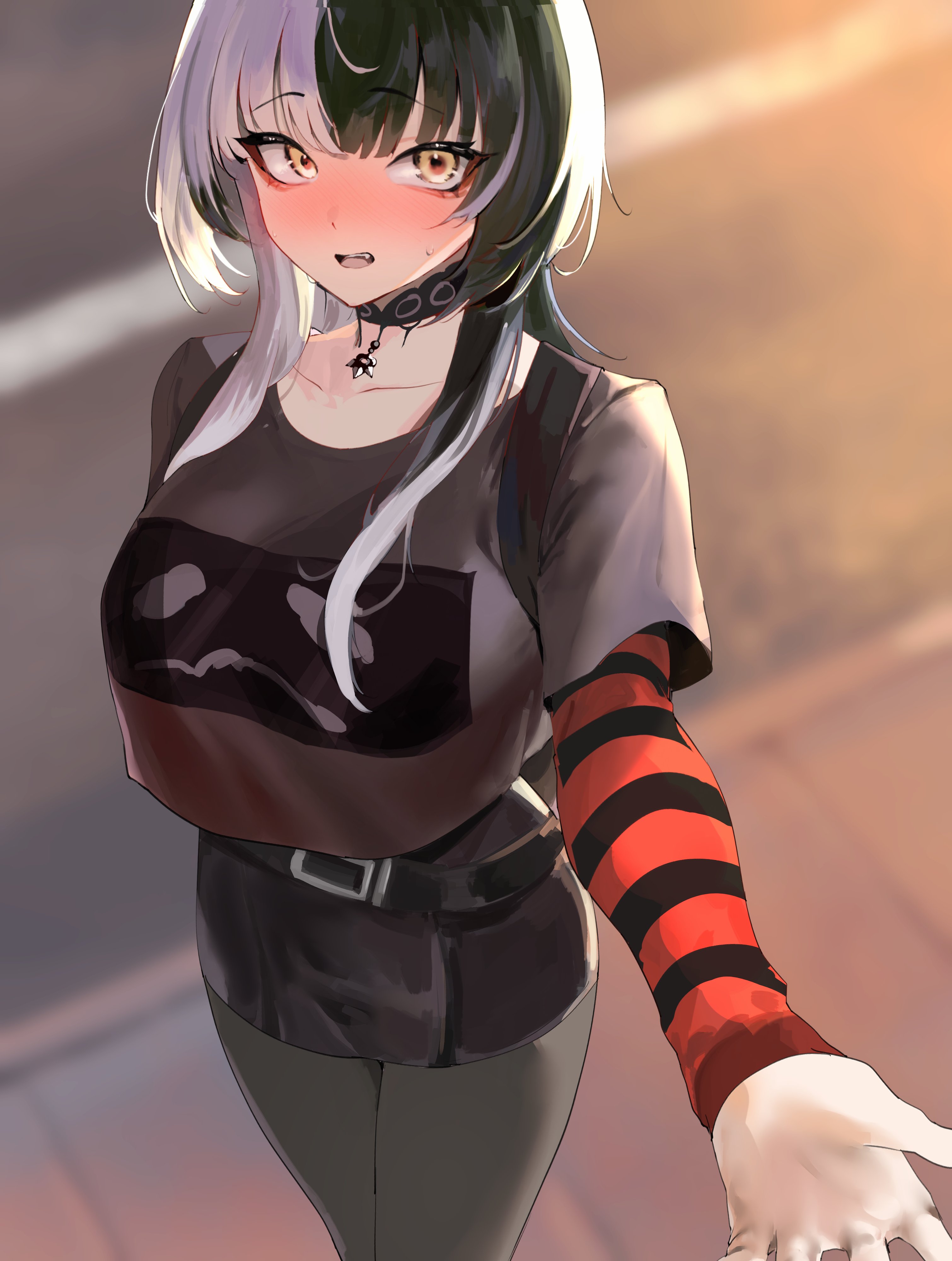 yotamono, shiori novella, yorick (shiori novella), hololive, hololive english, absurdres, commentary, english commentary, highres, 1girl, black choker, black dress, black hair, black shirt, black skirt, blurry, blurry background, blush, breasts, character print, choker, dress, grey hair, grey pantyhose, large breasts, layered sleeves, long hair, long sleeves, miniskirt, multicolored hair, nose blush, orange sleeves, outdoors, pantyhose, road, shirt, short over long sleeves, short sleeves, sidewalk, skirt, solo, split-color hair, striped sleeves, sweat, two-tone hair, virtual youtuber, yellow eyes
