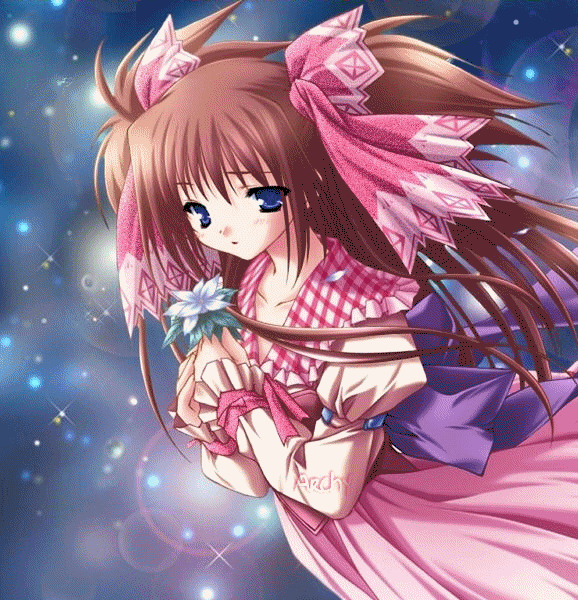 blue eyes, blush, bow, brown hair, dress, flower, hair bow, long hair
