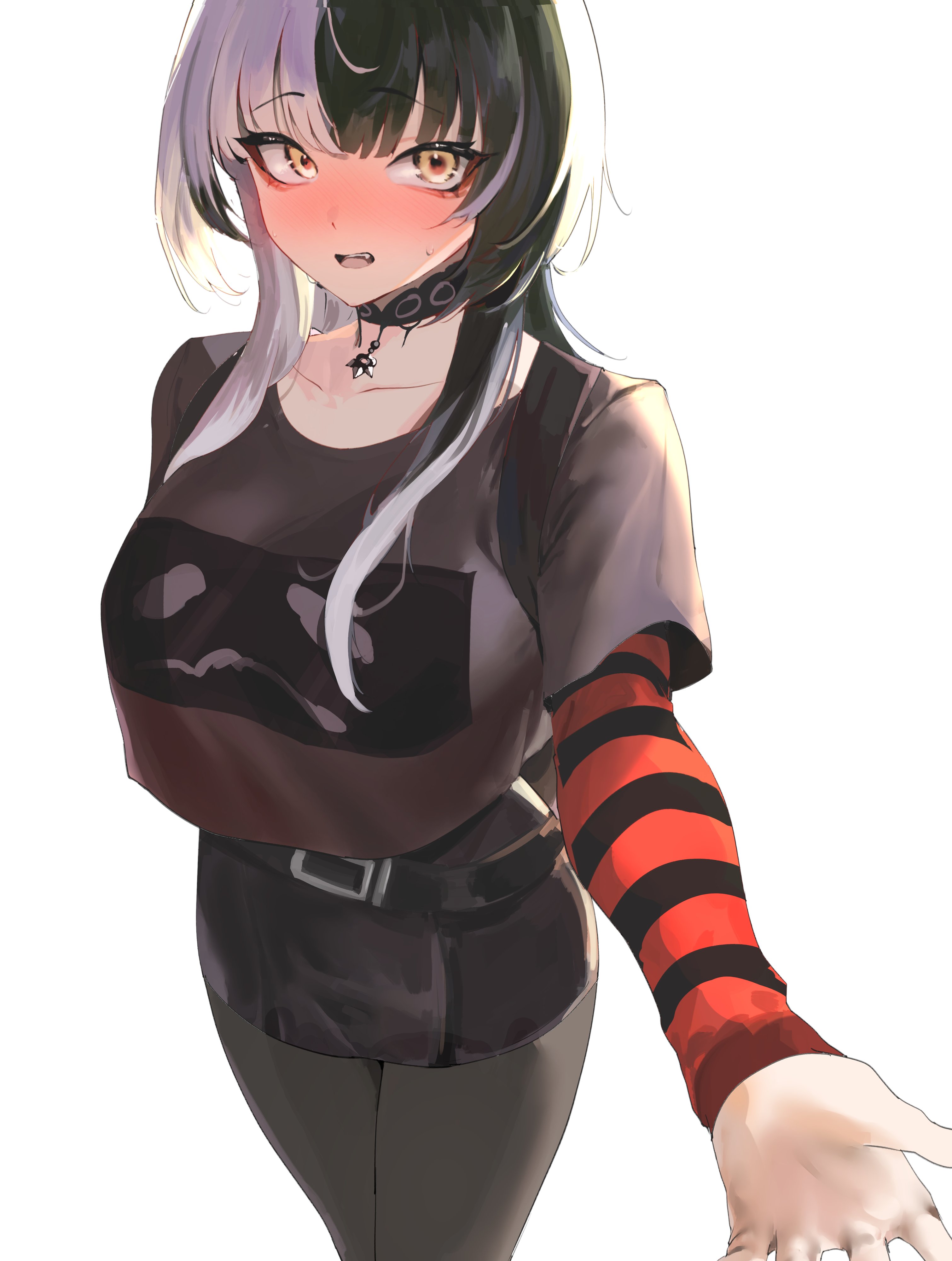 yotamono, shiori novella, yorick (shiori novella), hololive, hololive english, absurdres, highres, 1girl, black choker, black dress, black hair, black shirt, black skirt, blush, breasts, character print, choker, dress, grey hair, grey pantyhose, large breasts, layered sleeves, long hair, long sleeves, miniskirt, multicolored hair, nose blush, orange sleeves, pantyhose, shirt, short over long sleeves, short sleeves, simple background, skirt, solo, split-color hair, striped sleeves, sweat, two-tone hair, virtual youtuber, white background, yellow eyes