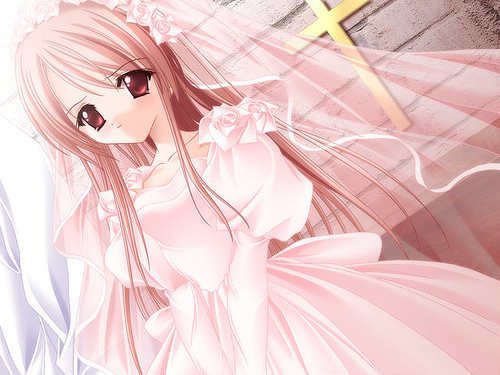 cafe little wish, lowres, blush, church, cross, dress, flower, long hair, pink dress, pink hair, pink theme, red eyes, rose, veil, wedding, wedding dress