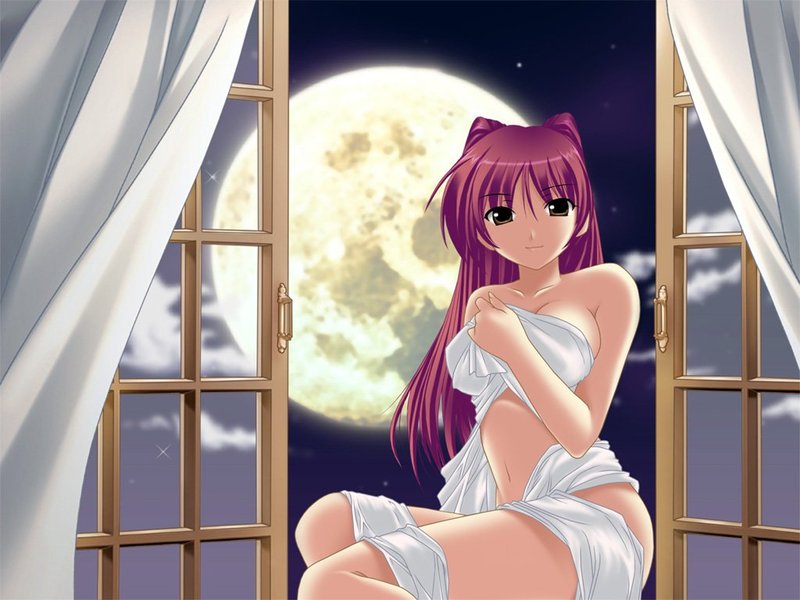 breasts, cleavage, long hair, moon, navel, night, open window, pink hair, smile, thighhighs, window