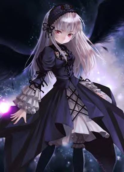 suigintou, rozen maiden, silver hair, 00s, black wings, bloomers, frills, goth fashion, long hair, red eyes, underwear, wings