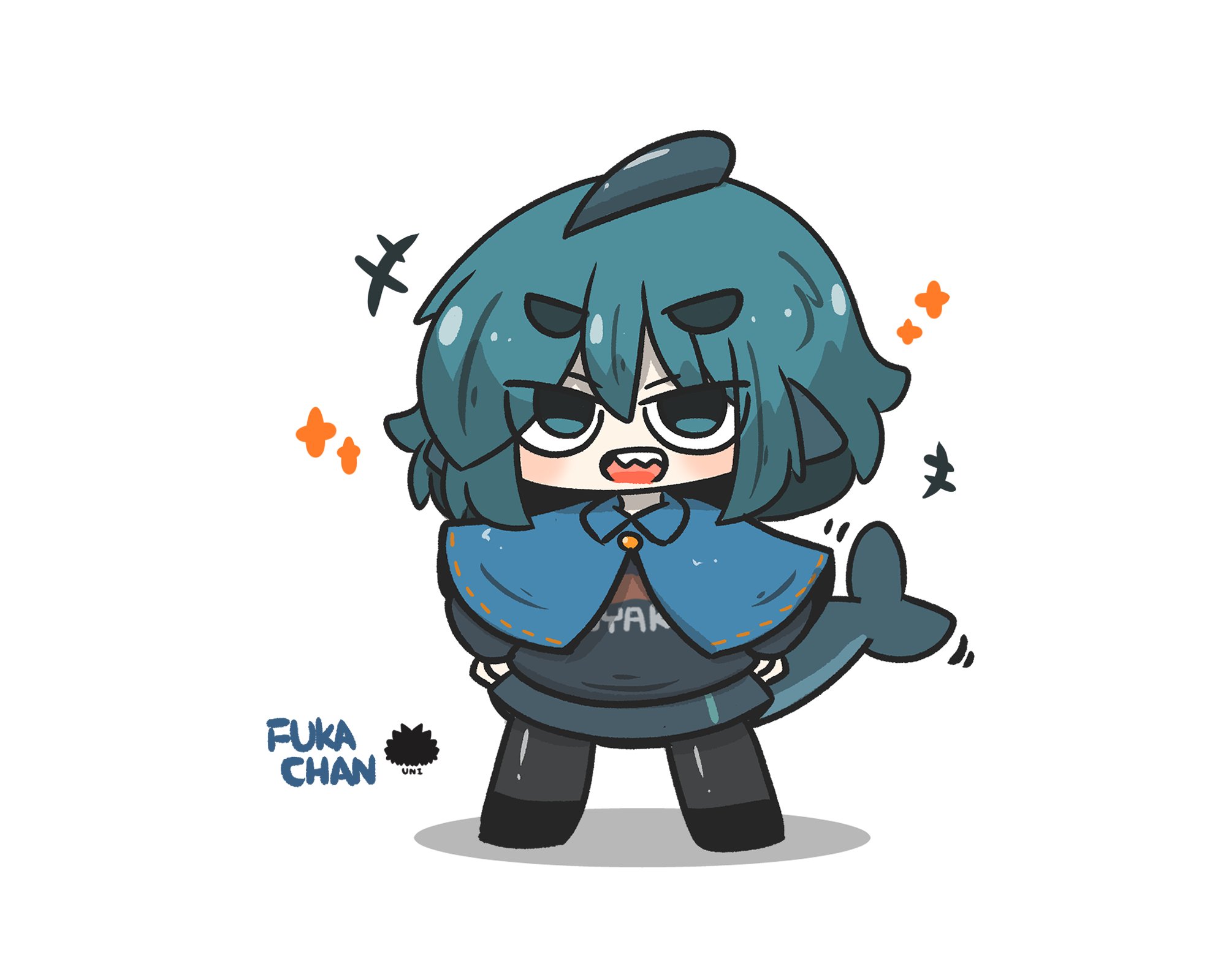 uni souchou, fuka-chan, original, commentary request, highres, +++, 1girl, :d, black shirt, black shoes, blue capelet, blue eyes, blue hair, blush, capelet, character name, chibi, fins, fish tail, full body, grey pantyhose, grey skirt, hair between eyes, hands on own hips, long sleeves, looking at viewer, open mouth, pantyhose, ribbon-trimmed capelet, ribbon trim, sea urchin, shadow, shark tail, sharp teeth, shirt, shoes, short eyebrows, simple background, skirt, smile, solo, sparkle, standing, tail, teeth, thick eyebrows, v-shaped eyebrows, white background