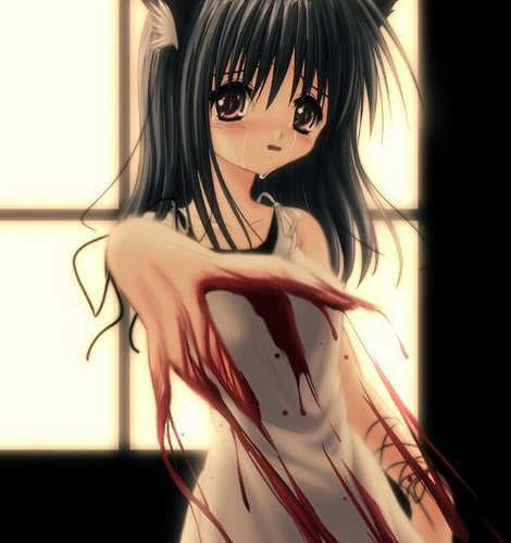 lowres, animal ears, black hair, blood, blush, brown eyes, cat ears, fingernails, long hair, tears