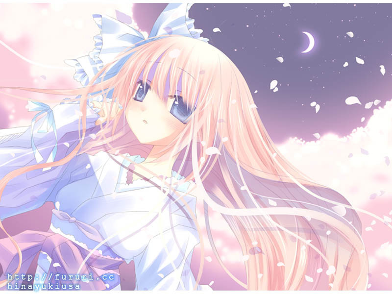 blonde hair, blue eyes, blush, bow, cherry blossoms, hair bow, japanese clothes, kimono, long hair, moon, night