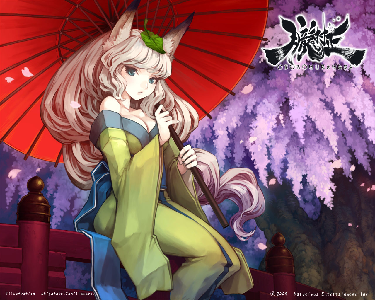 shigatake, inari, yuzuruha, oboro muramasa, official art, official wallpaper, 1girl, animal ears, bare shoulders, blue eyes, breasts, bridge, cherry blossoms, cleavage, female focus, fox ears, holding, japanese clothes, kimono, leaf, leaf on head, long hair, long sleeves, looking at viewer, object on head, off shoulder, oil-paper umbrella, petals, sitting, solo, tail, text focus, tree, umbrella, white hair, wide sleeves