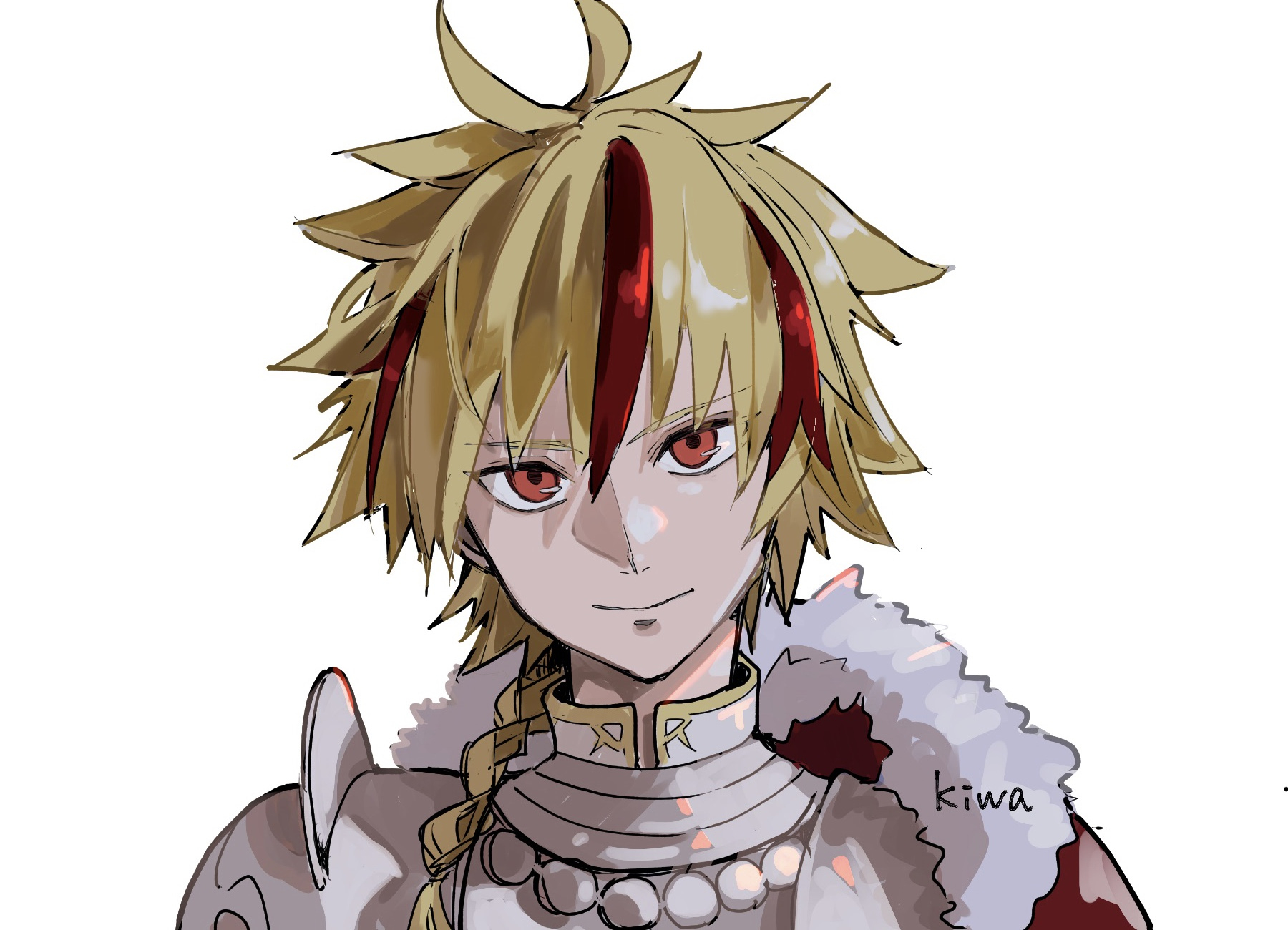 ki wa001, richard i (fate), fate/grand order, fate/strange fake, fate (series), highres, 1boy, ahoge, armor, blonde hair, braid, braided ponytail, cape, fur trim, long hair, looking at viewer, male focus, multicolored hair, red cape, red eyes, red hair, simple background, single braid, smile, solo, streaked hair, white background