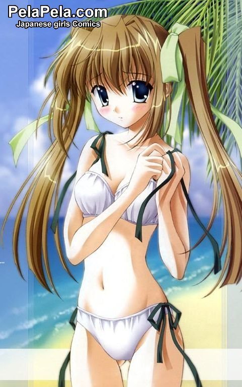 beach, bikini, blue eyes, blush, bow, bra, breasts, brown hair, cleavage, hair bow, lingerie, long hair, navel, palm tree, pelapela.com, swimsuit, tree, underwear