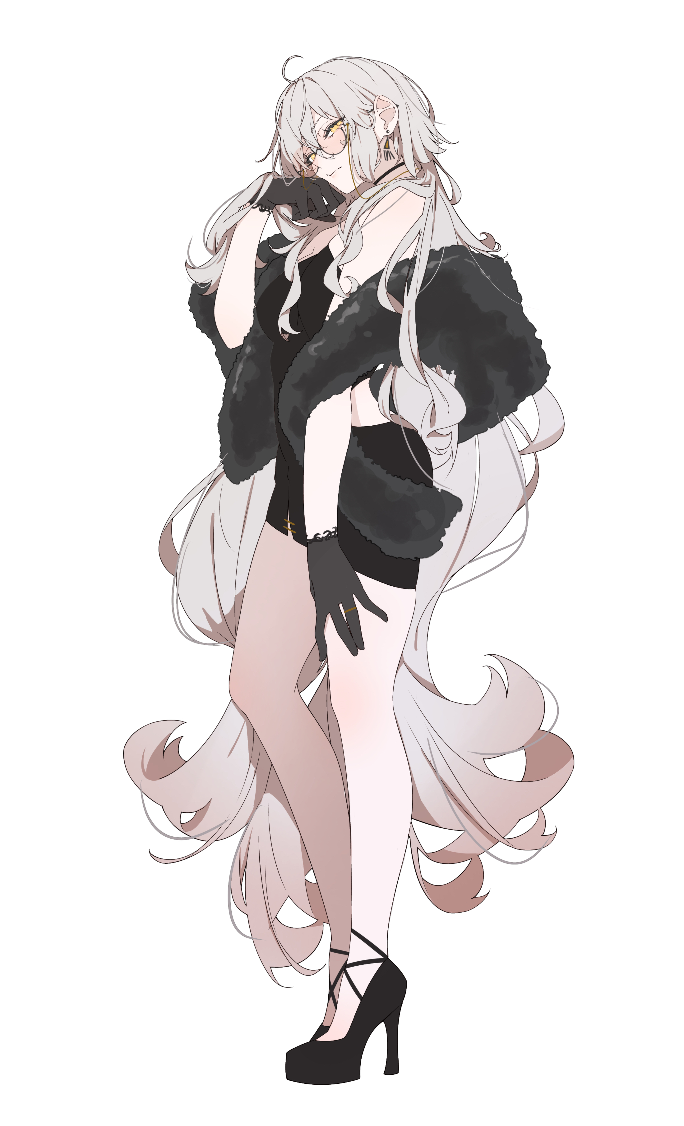 ri o ne su, jeanne d'arc alter (fate), fate/grand order, fate (series), absurdres, highres, 1girl, ||/, ahoge, alternate costume, back cutout, bare arms, bare legs, black choker, black dress, black gloves, black shawl, black shoes, breasts, choker, closed mouth, clothing cutout, contrapposto, dress, earrings, eyewear strap, flipped hair, from side, full body, fur scarf, fur shawl, gloves, gradient hair, hair between eyes, high heels, jewelry, knees apart feet together, lace, lace-trimmed gloves, lace trim, long hair, looking at viewer, medium breasts, messy hair, microdress, multicolored hair, platform heels, profile, ring, round eyewear, shawl, shoes, simple background, solo, strapless, strapless dress, tube dress, very long hair, white background, white hair, yellow eyes