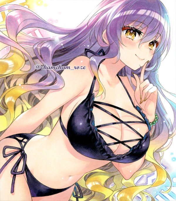 chacham, hijiri byakuren, touhou, commentary request, duplicate, marker (medium), pixel-perfect duplicate, traditional media, 1girl, arm behind back, bead bracelet, beads, bikini, black bikini, blonde hair, blush, bracelet, breasts, cleavage, cross-laced bikini, cross-laced clothes, gradient hair, hair between eyes, halterneck, jewelry, large breasts, leaning forward, long hair, looking at viewer, multicolored hair, navel, purple hair, side-tie bikini bottom, solo, sorcerer's sutra scroll, string bikini, swimsuit, twitter username, very long hair, yellow eyes, yellow nails