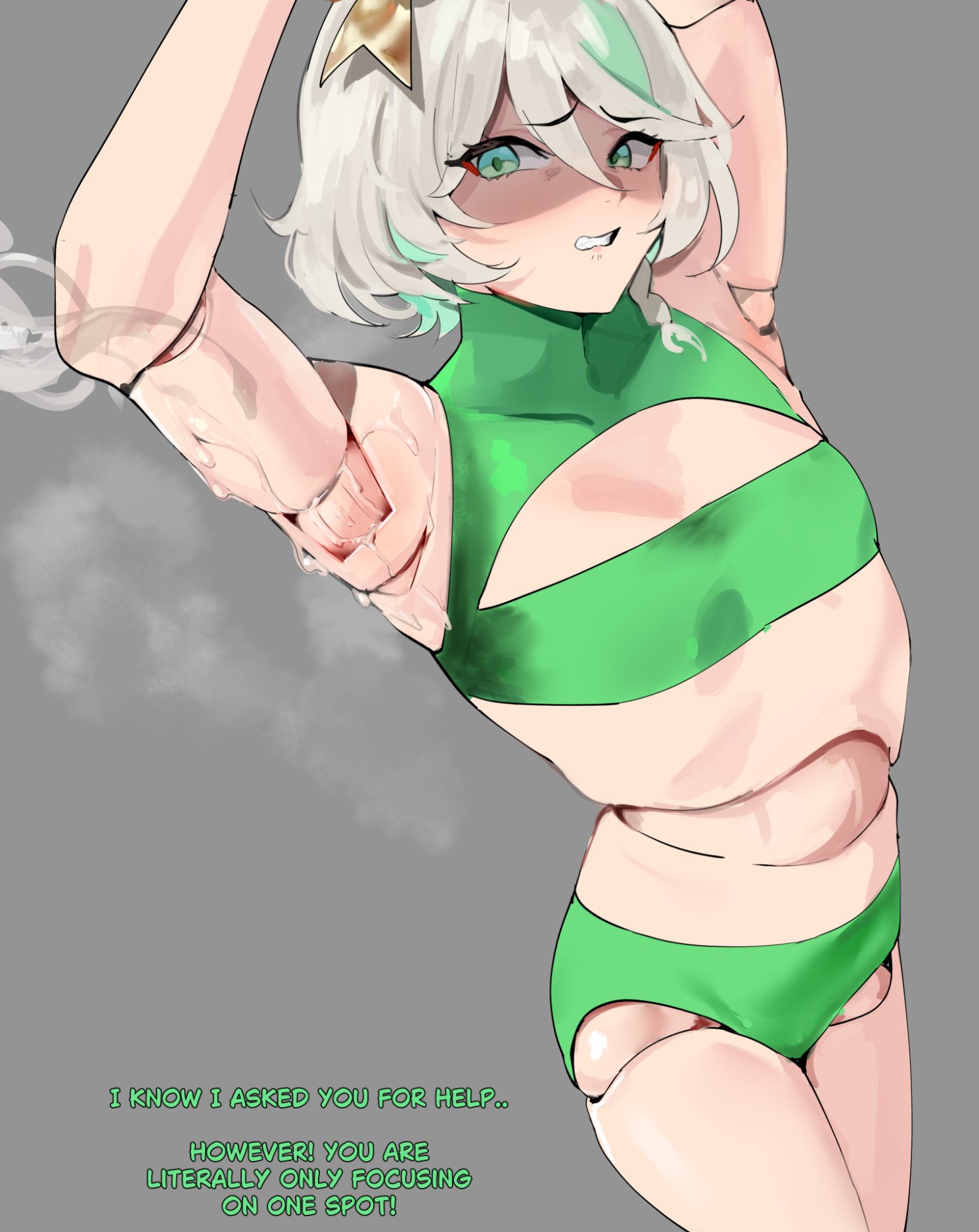 yotamono, cecilia immergreen, hololive, hololive english, commentary, english commentary, highres, 1girl, armpits, arms up, bikini, breasts, colored inner hair, doll joints, english text, green bikini, green eyes, green hair, grey background, grey hair, joints, lotion, lubrication, medium hair, multicolored hair, small breasts, solo, suggestive fluid, swimsuit, virtual youtuber
